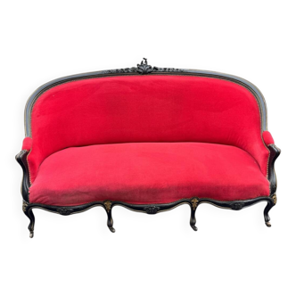 Napoleon III period bench – Blackened wood, brass and red velvet
