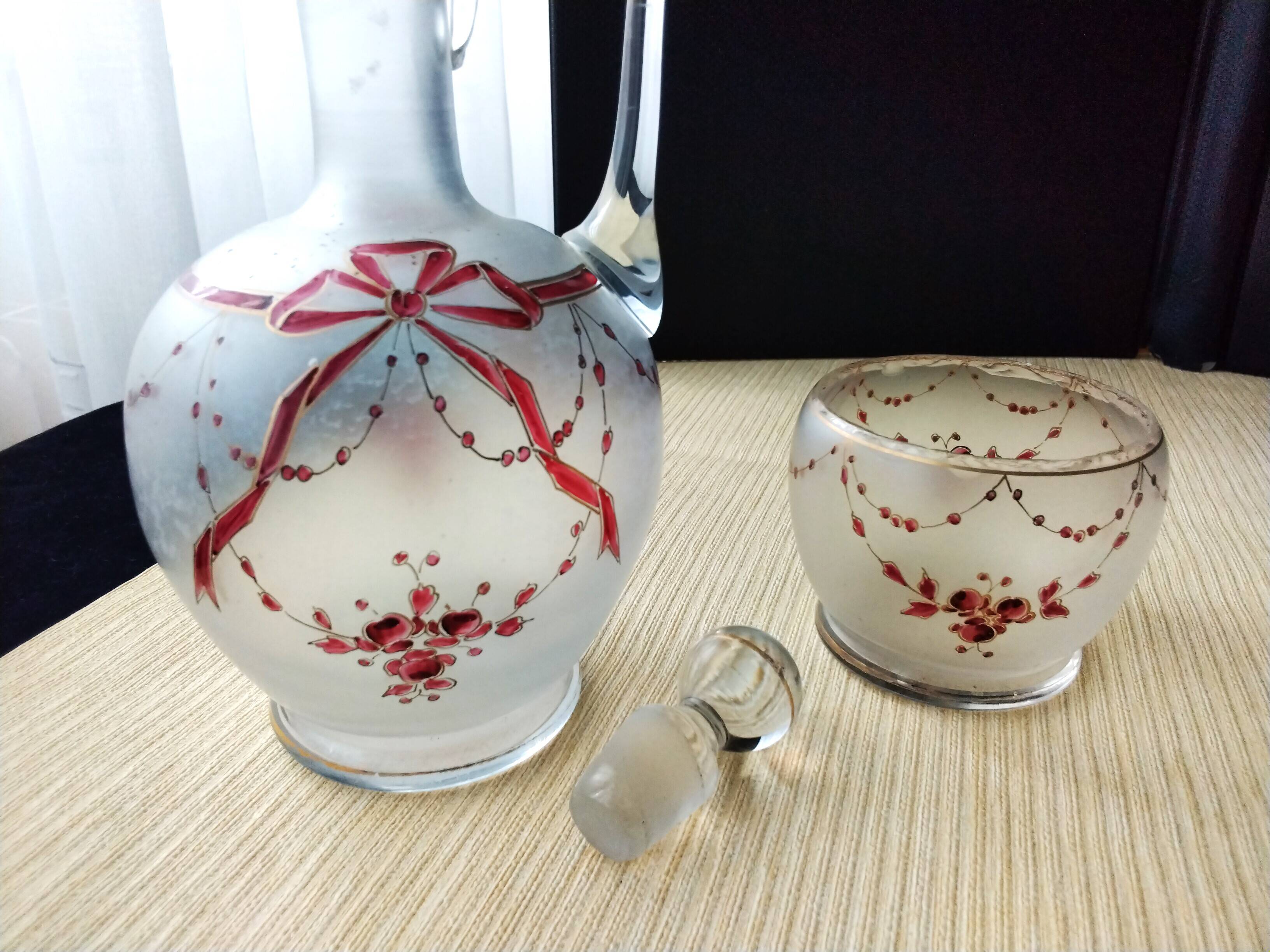 Antique frosted glass nightstand Hand-painted decor