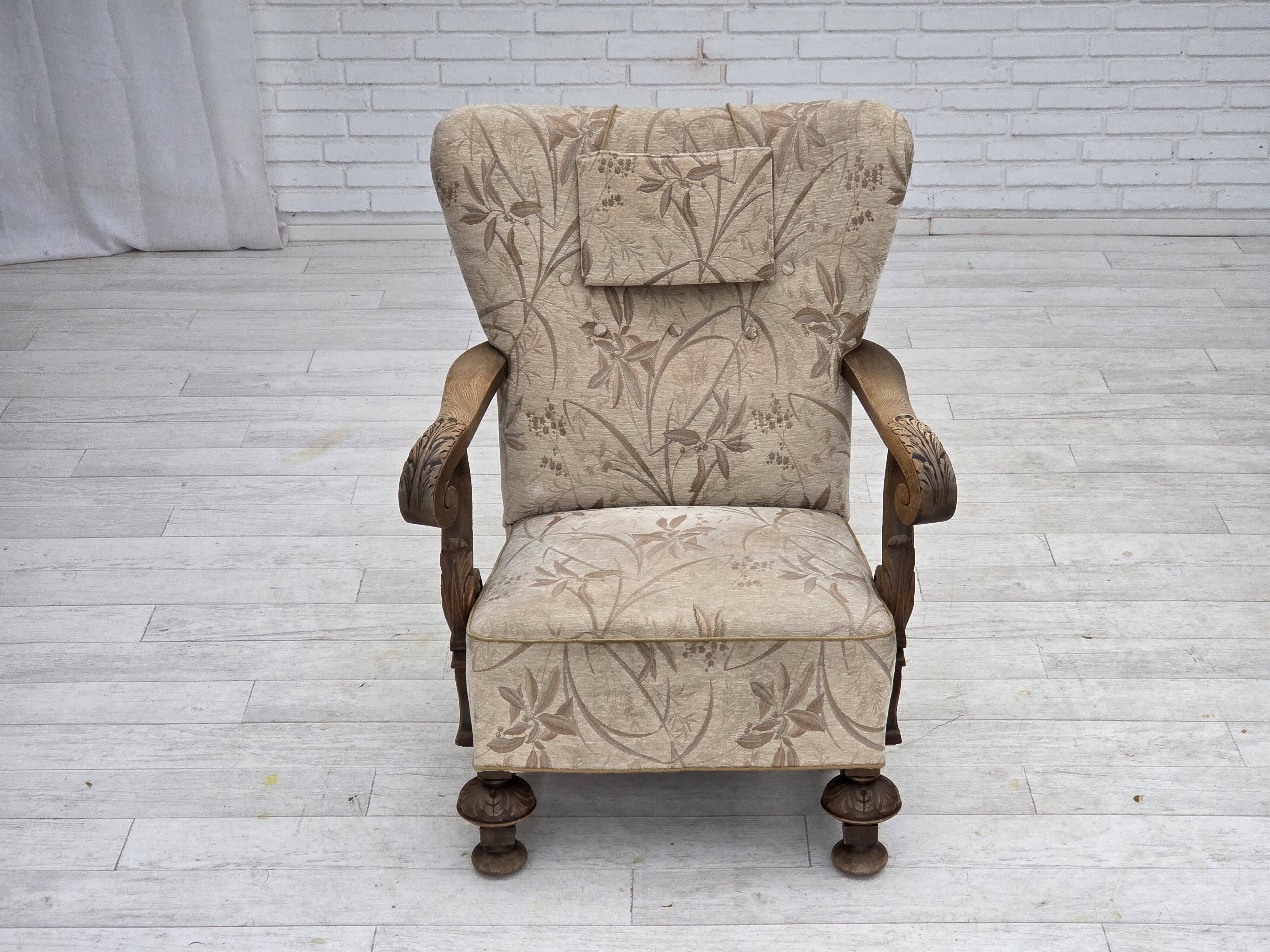 1960s, Danish armchair, beige/brown furniture fabric, carved oak wood.