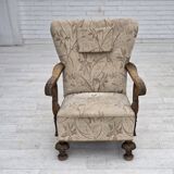 1960s, Danish armchair, beige/brown furniture fabric, carved oak wood.