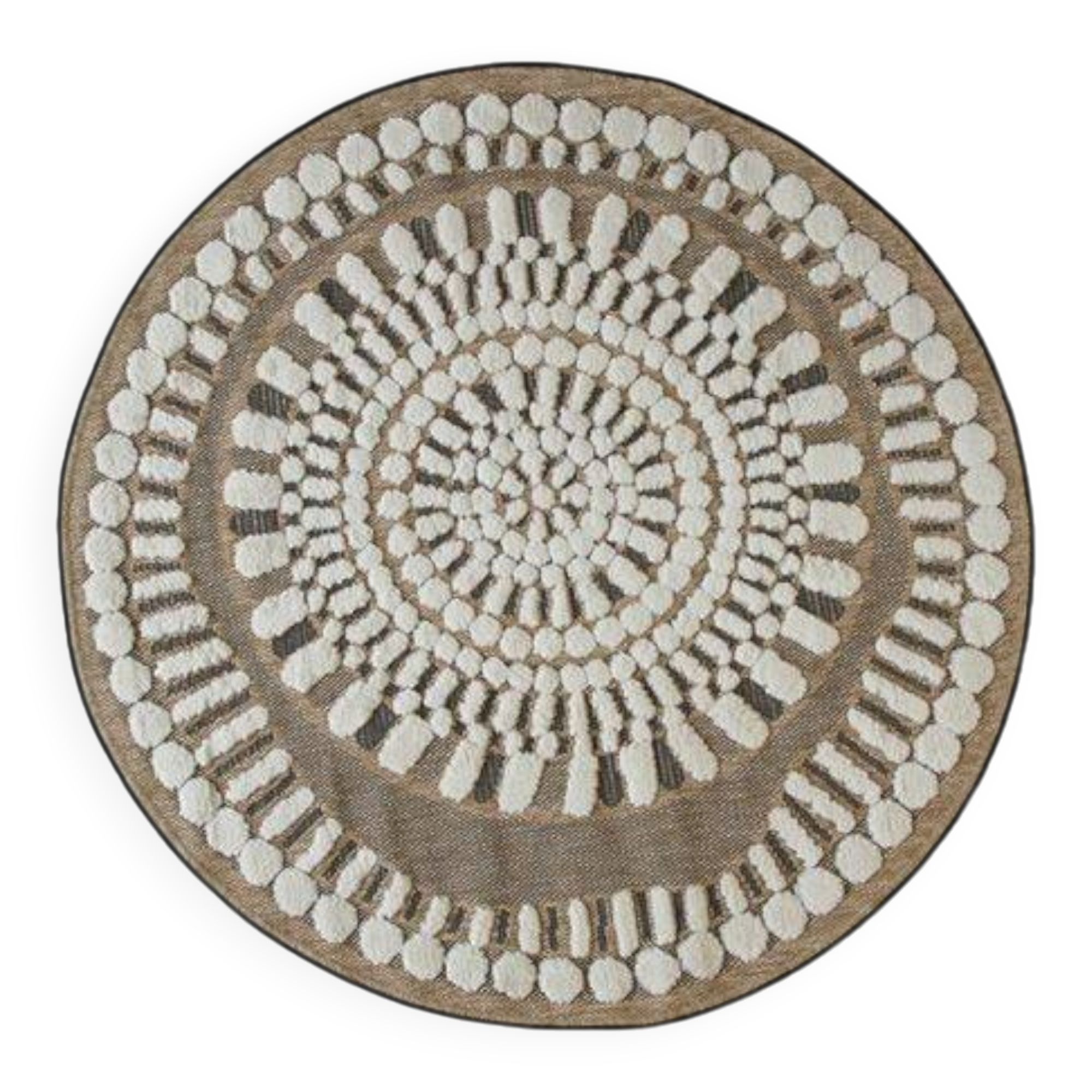 Round jute rug with white embossed patterns