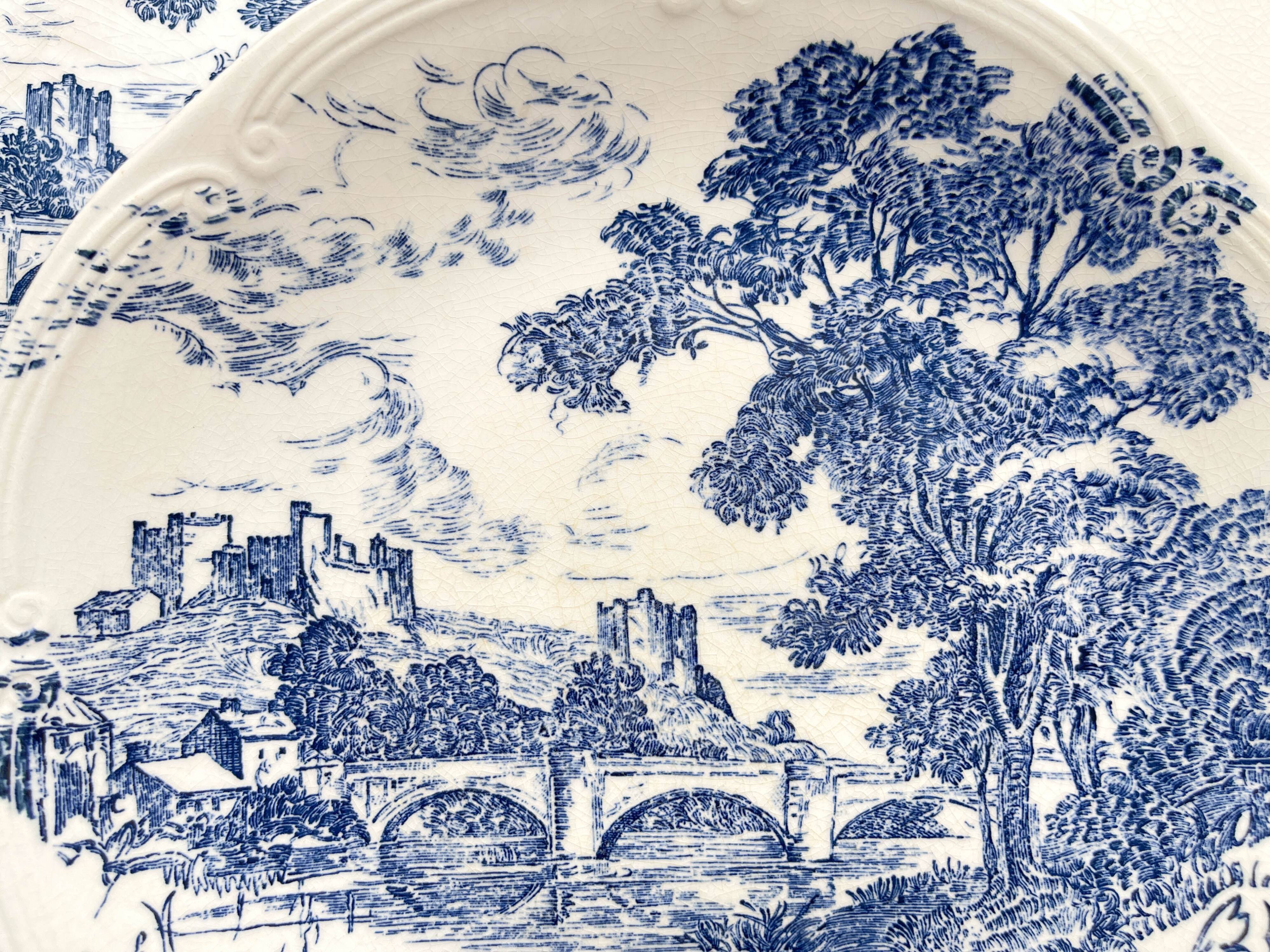 5 vintage Gien earthenware plates from France, mismatched, vintage blue pattern