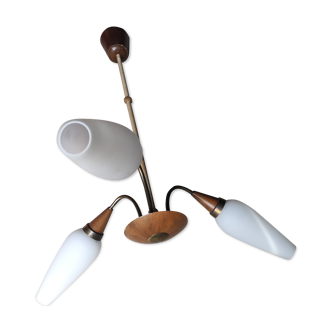 Lustre suspension scandinave laiton teck 3 opalines vintage