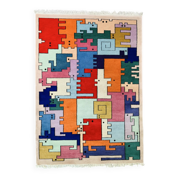 Tapis géométrique animaux/Tetris, vintage 