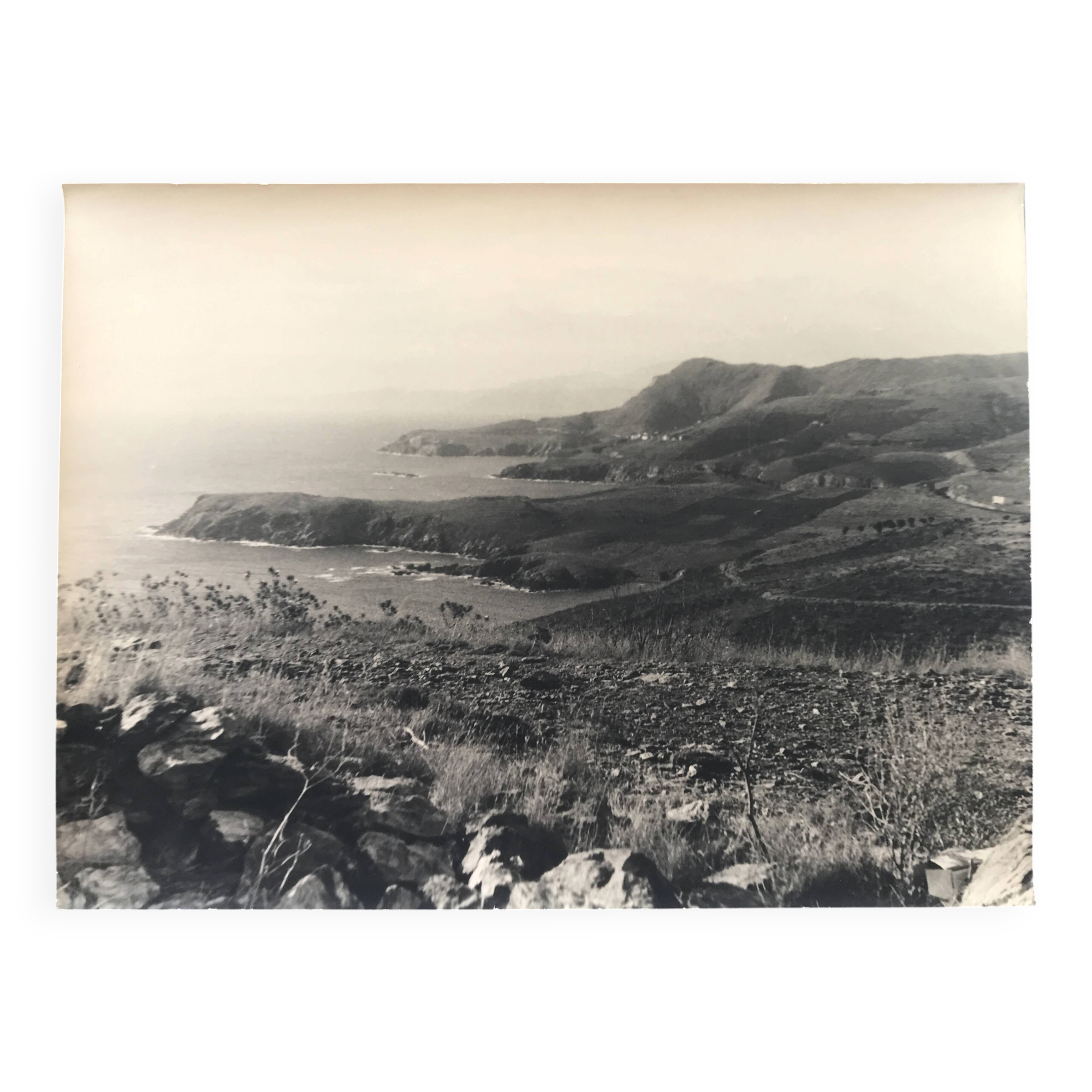 Coastal landscape at the end of summer, 1960s/70s. Black and white silver print.