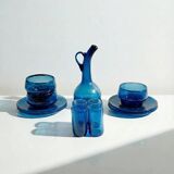Ensemble verrerie en verre soufflé bleu cobalt – carafe + 4 verres + 3 bols + 4 soucoupes