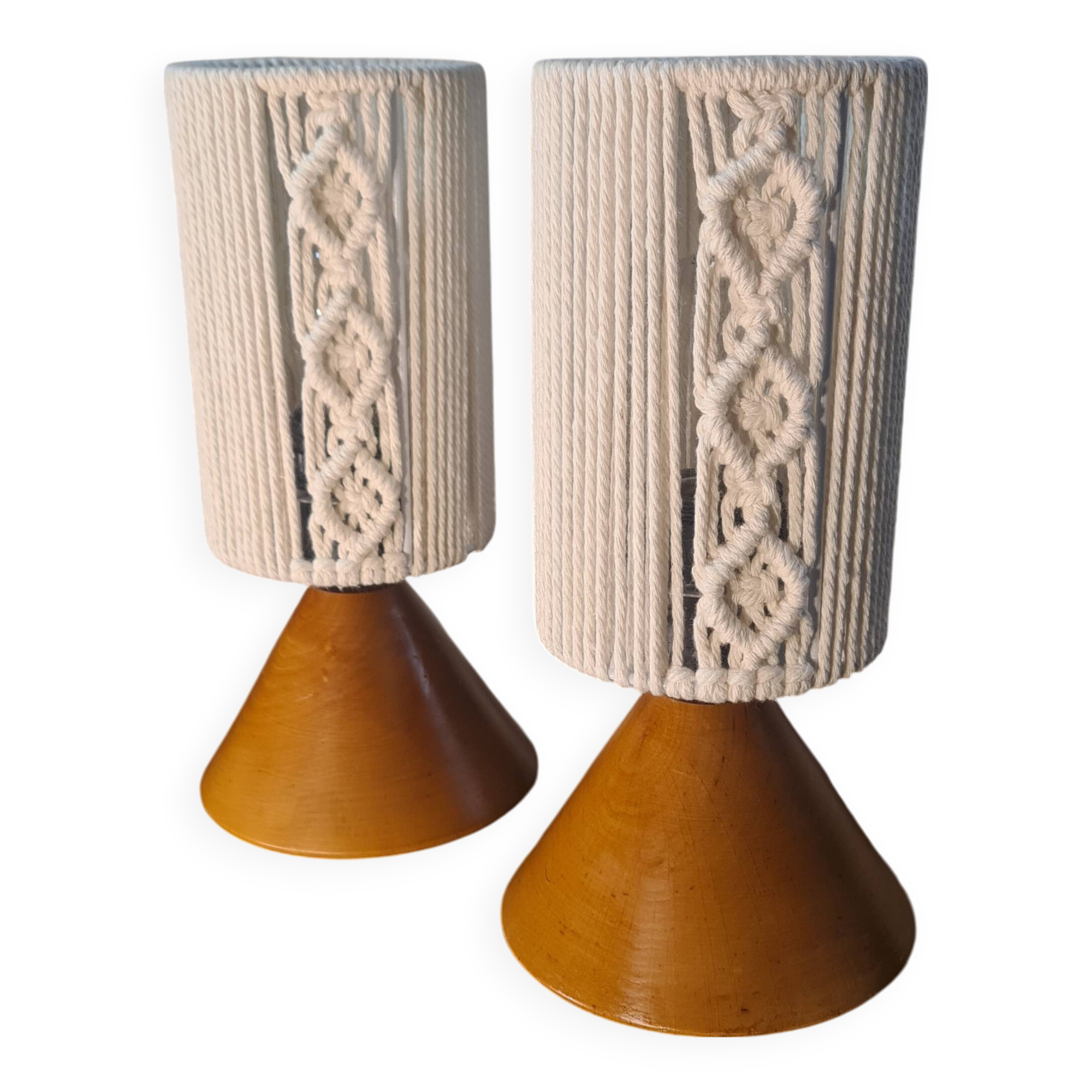 pair of Scandinavian conical wooden lamps with braided cord lampshade 28x12