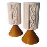 pair of Scandinavian conical wooden lamps with braided cord lampshade 28x12