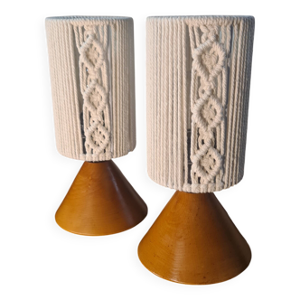 pair of Scandinavian conical wooden lamps with braided cord lampshade 28x12
