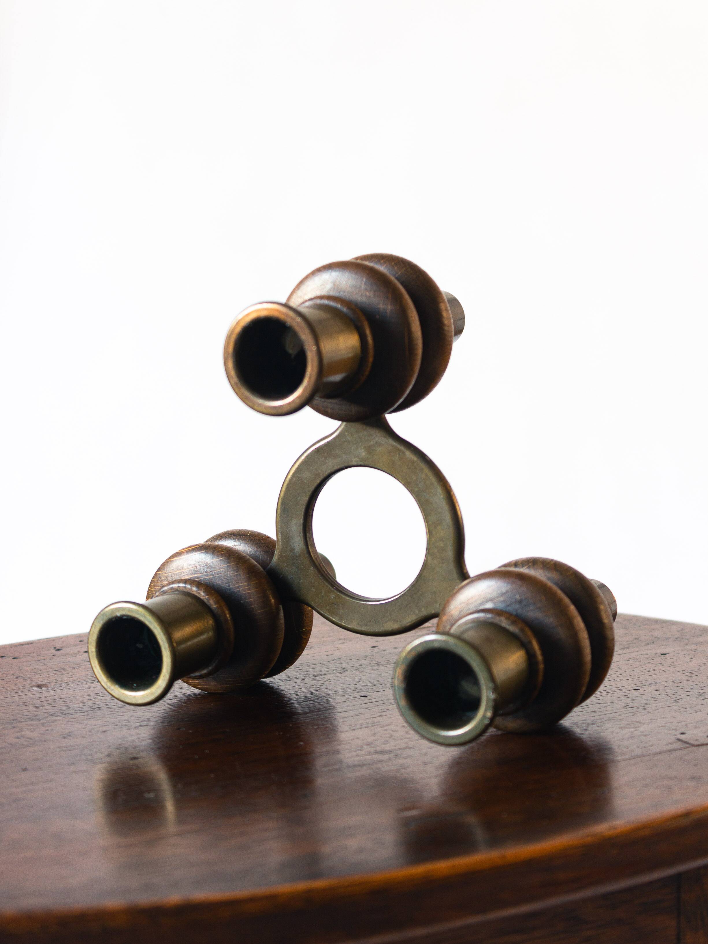 Tripod candle holder in wood and brass, Germany, 1960s/70s