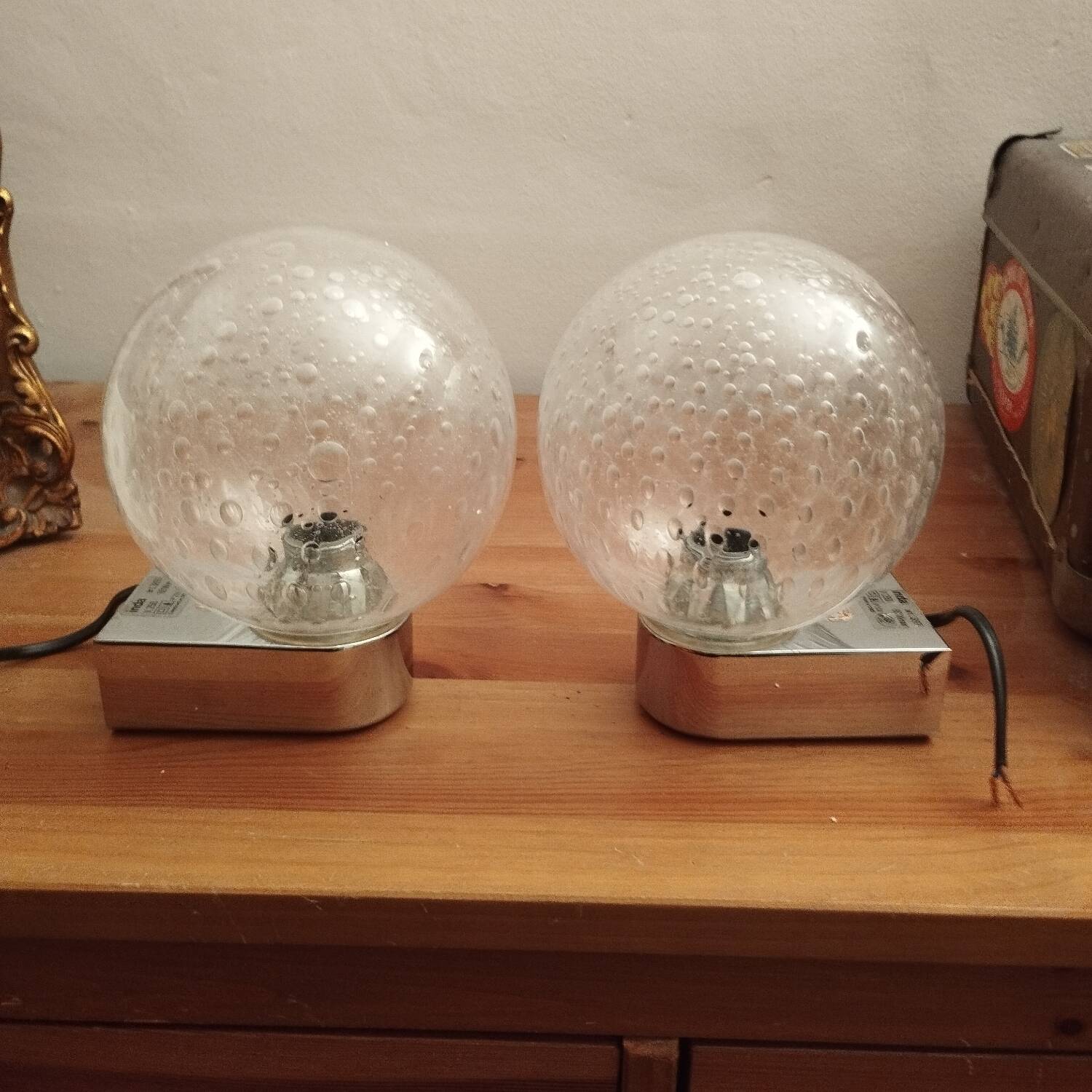 Pair of vintage globe wall lights with bubbled glass by INDA design Space Age