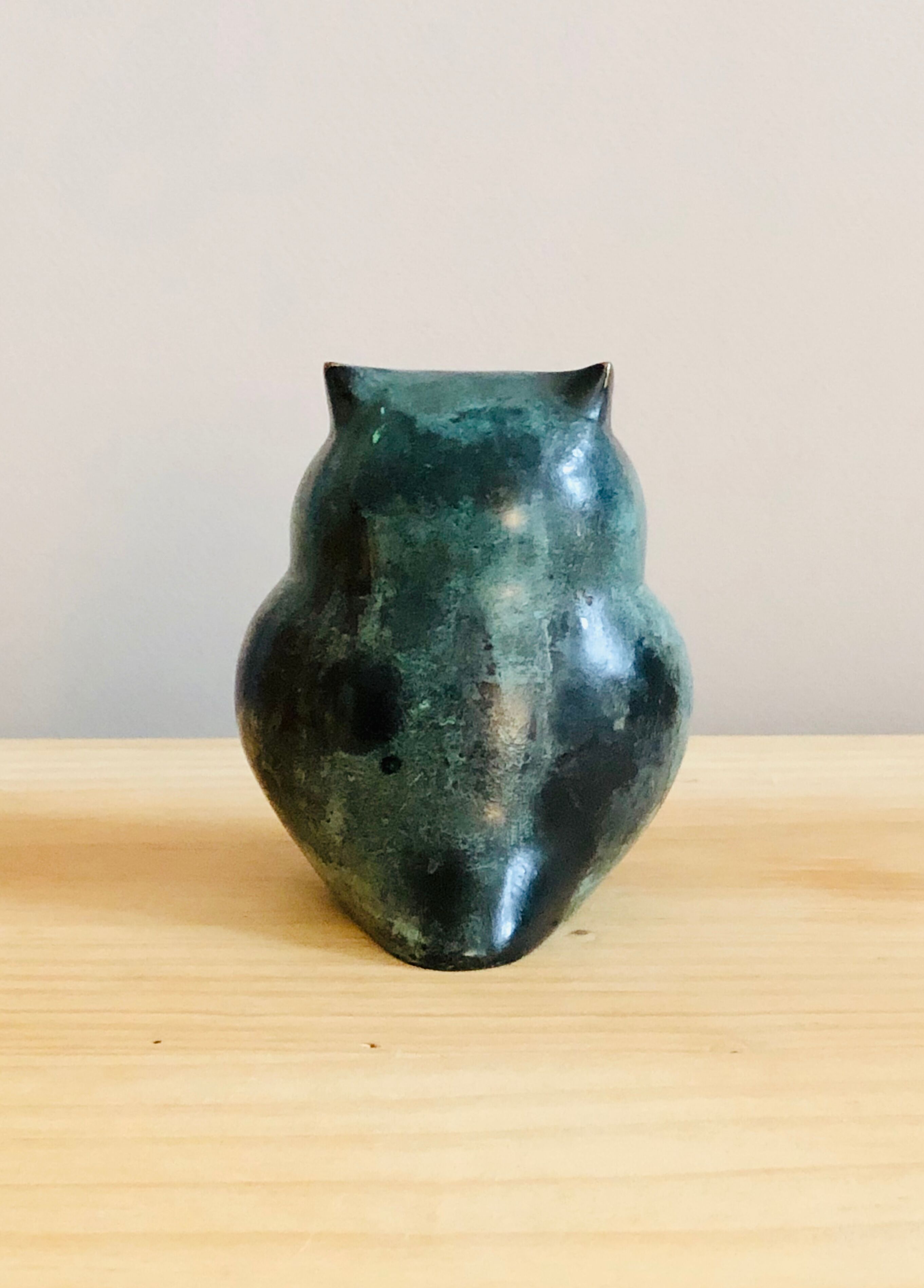 Grey-green enamelled brass owl