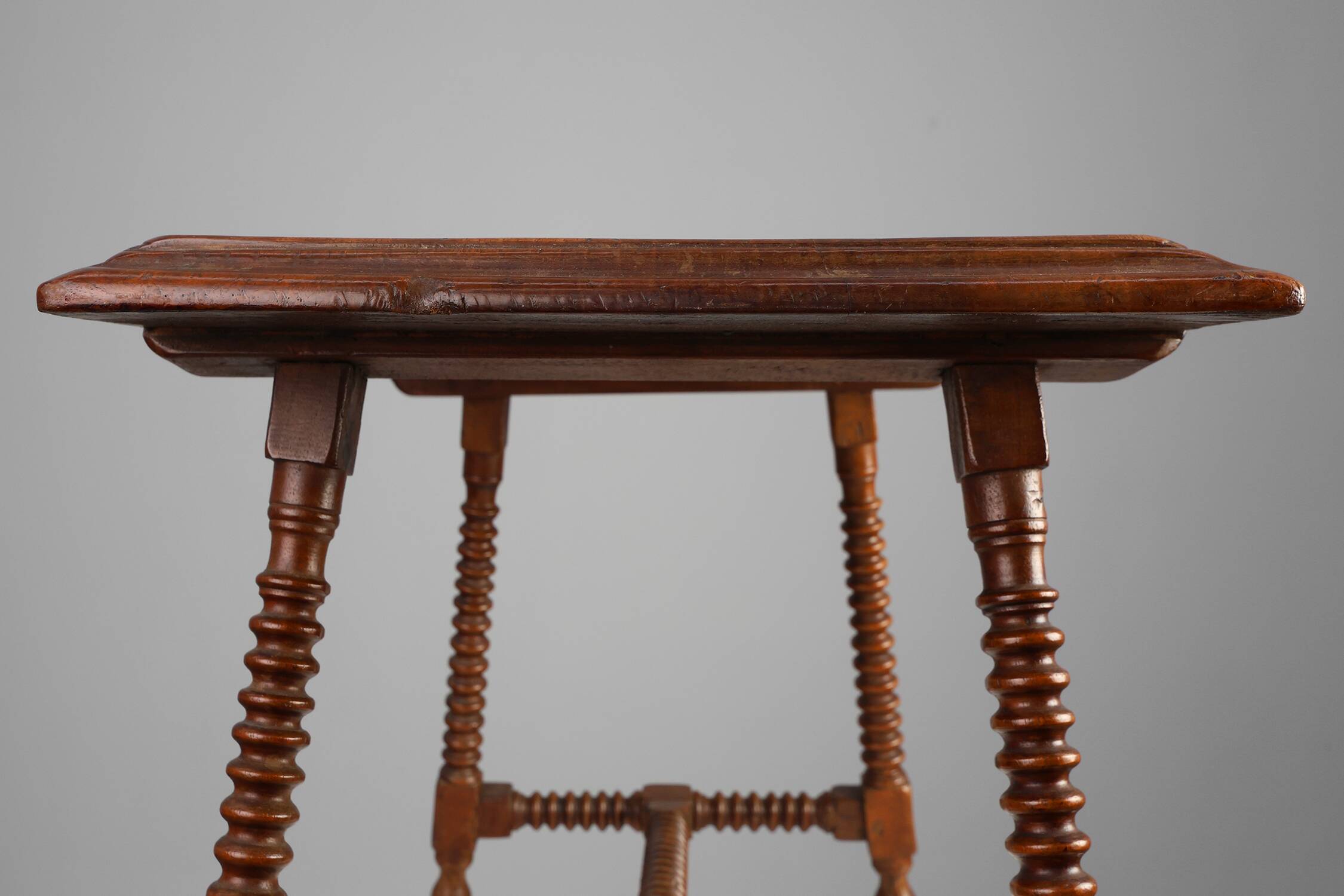 Antique Oak Side Table with Turned Legs and Stretcher Base, Spain, 17th Cen