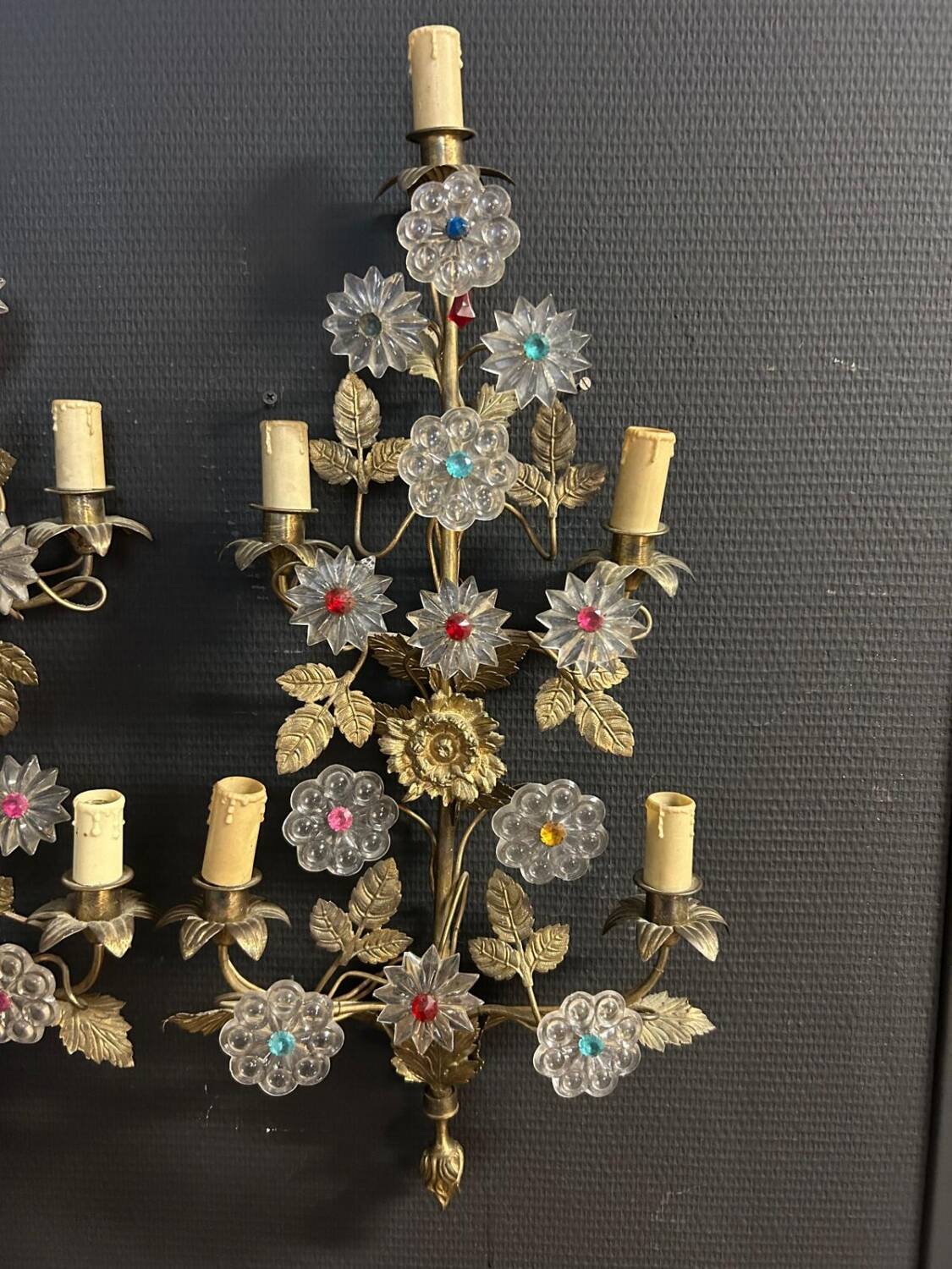 Important Pair of Church or Chapel Wall Lights in Gilded Brass and Glass, Late 19th Century, H 70 Cm