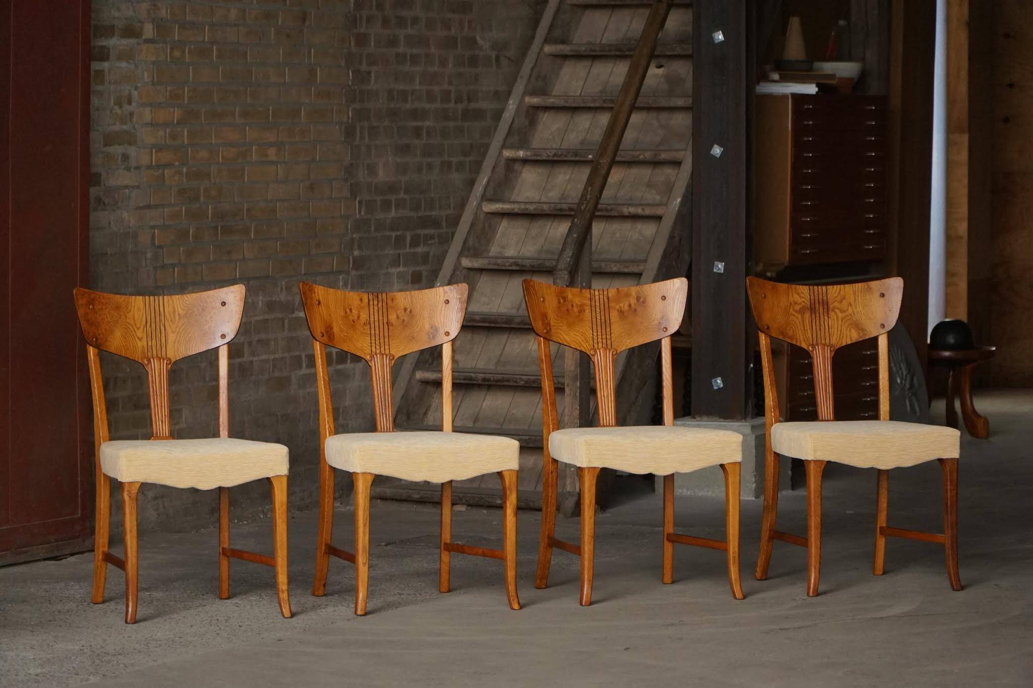 Early 20th century, set of 4 Danish Art Nouveau dining chairs, burl & velvet.