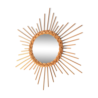 Miroir soleil en rotin vintage des années 60 , 55 x 55 cm