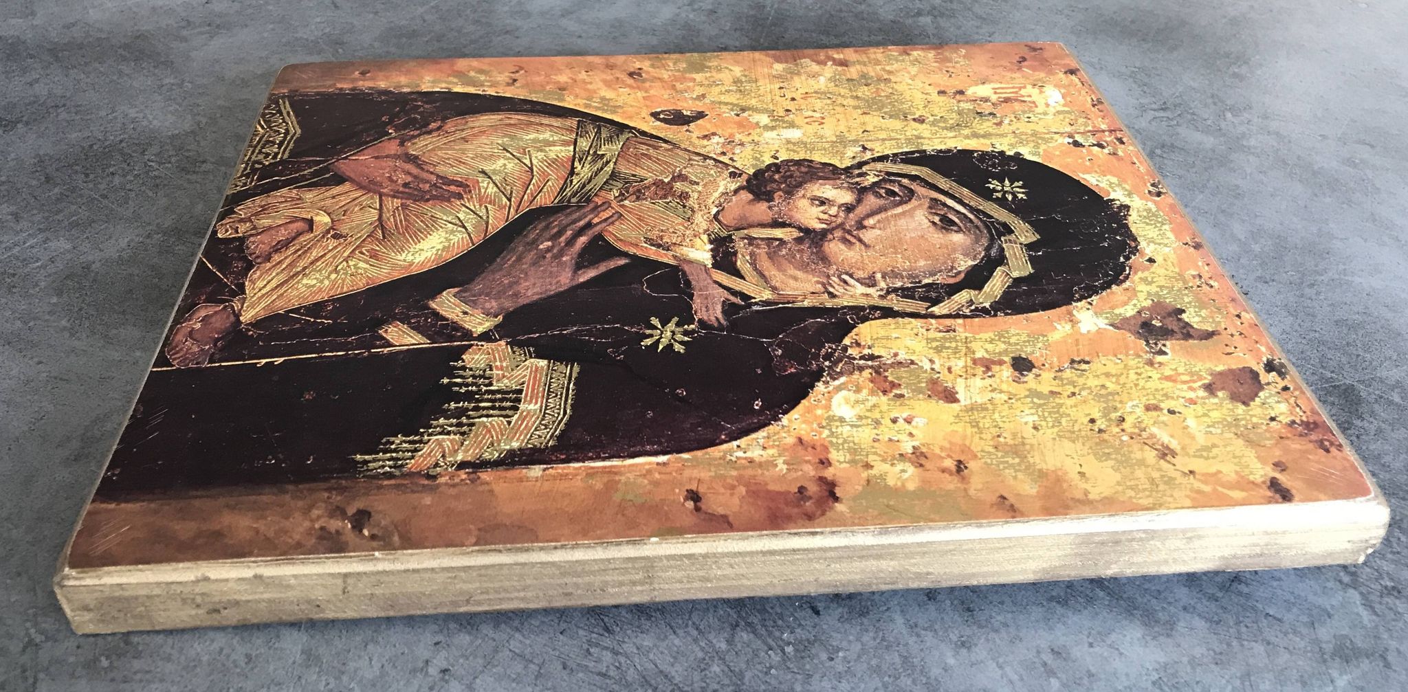 Religious ICON of the Virgin Vladimir Holy Theotokos on wooden support