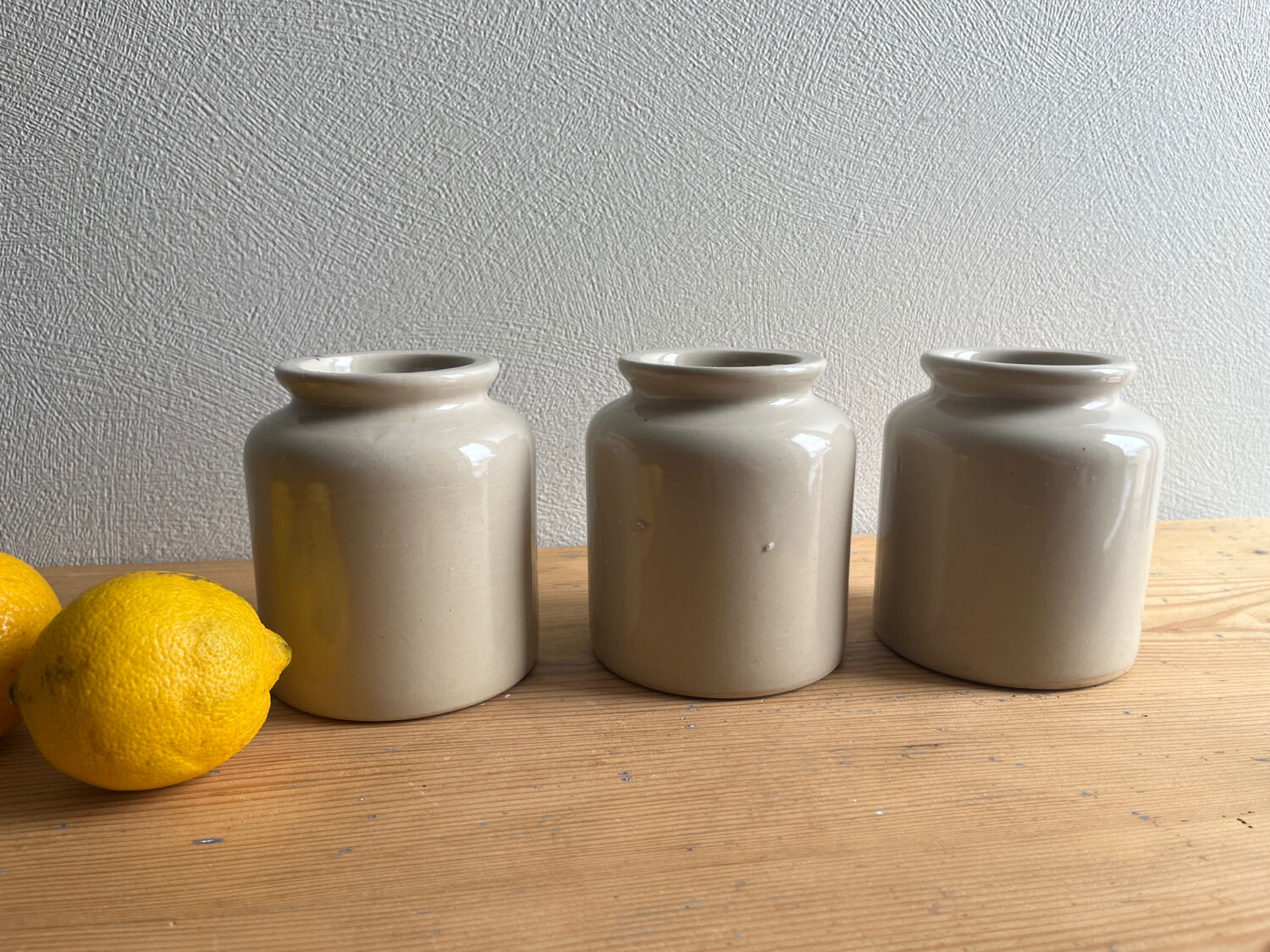 Old glazed stoneware mustard pots