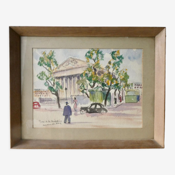 Tableau aquarelle de la place de la Madeleine à Paris, années 50