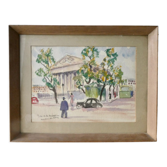 Tableau aquarelle de la place de la Madeleine à Paris, années 50