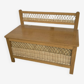 Vintage wood and rattan chest bench