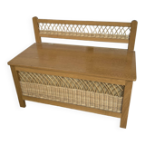 Banc coffre bois et rotin vintage