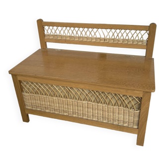 Vintage wood and rattan chest bench