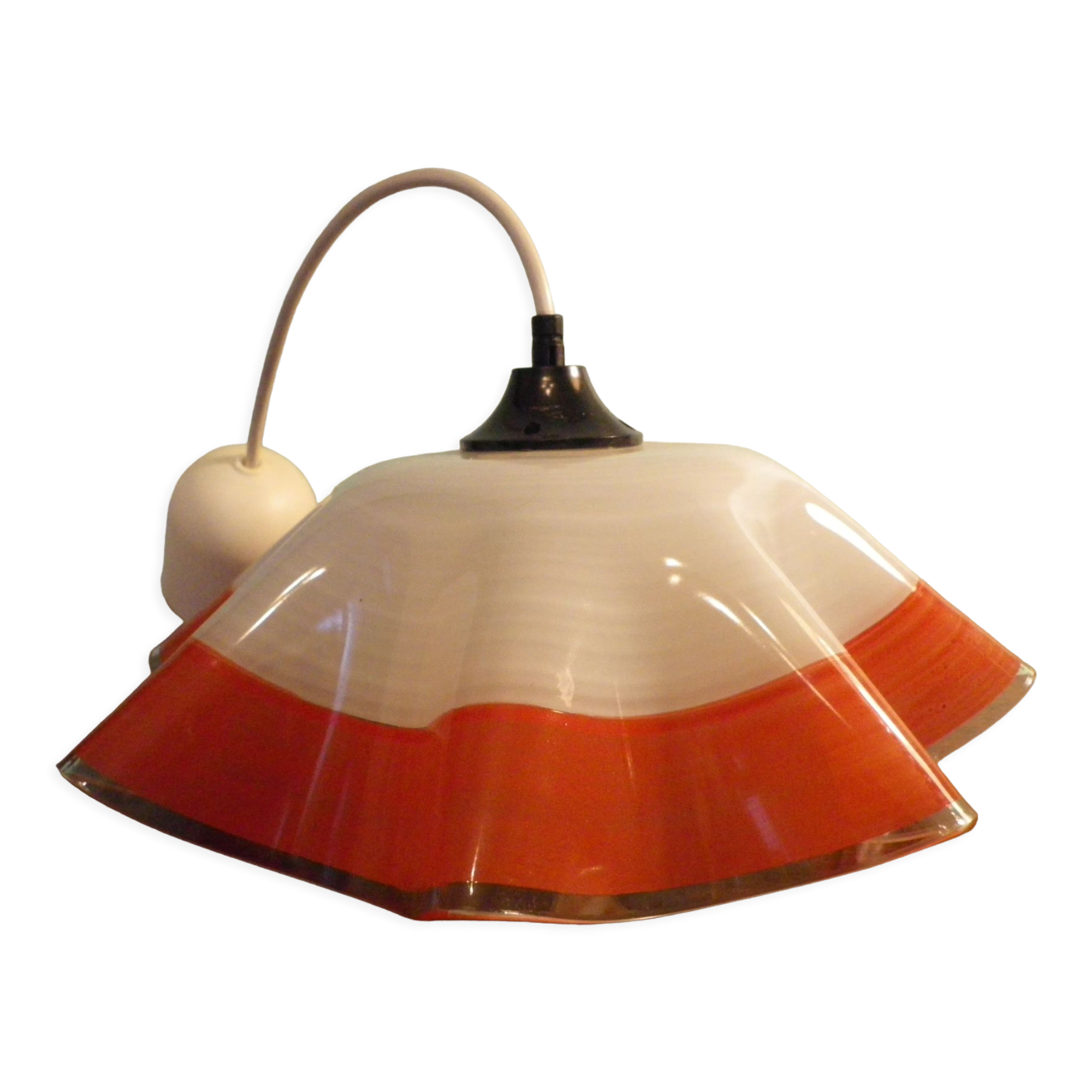 Berlingot pendant lamp from the 60s, white, orange and transparent glass