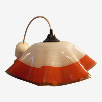 Berlingot pendant lamp from the 60s, white, orange and transparent glass