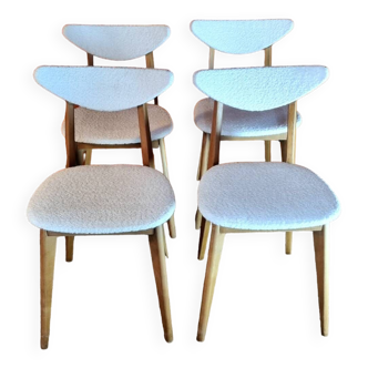 4 chaises retapissées en tissu bouclette, années 50