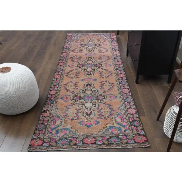 1970s Vintage Turkish Oushak Handmade Wool Cotton Pink Runner Rug 103x302