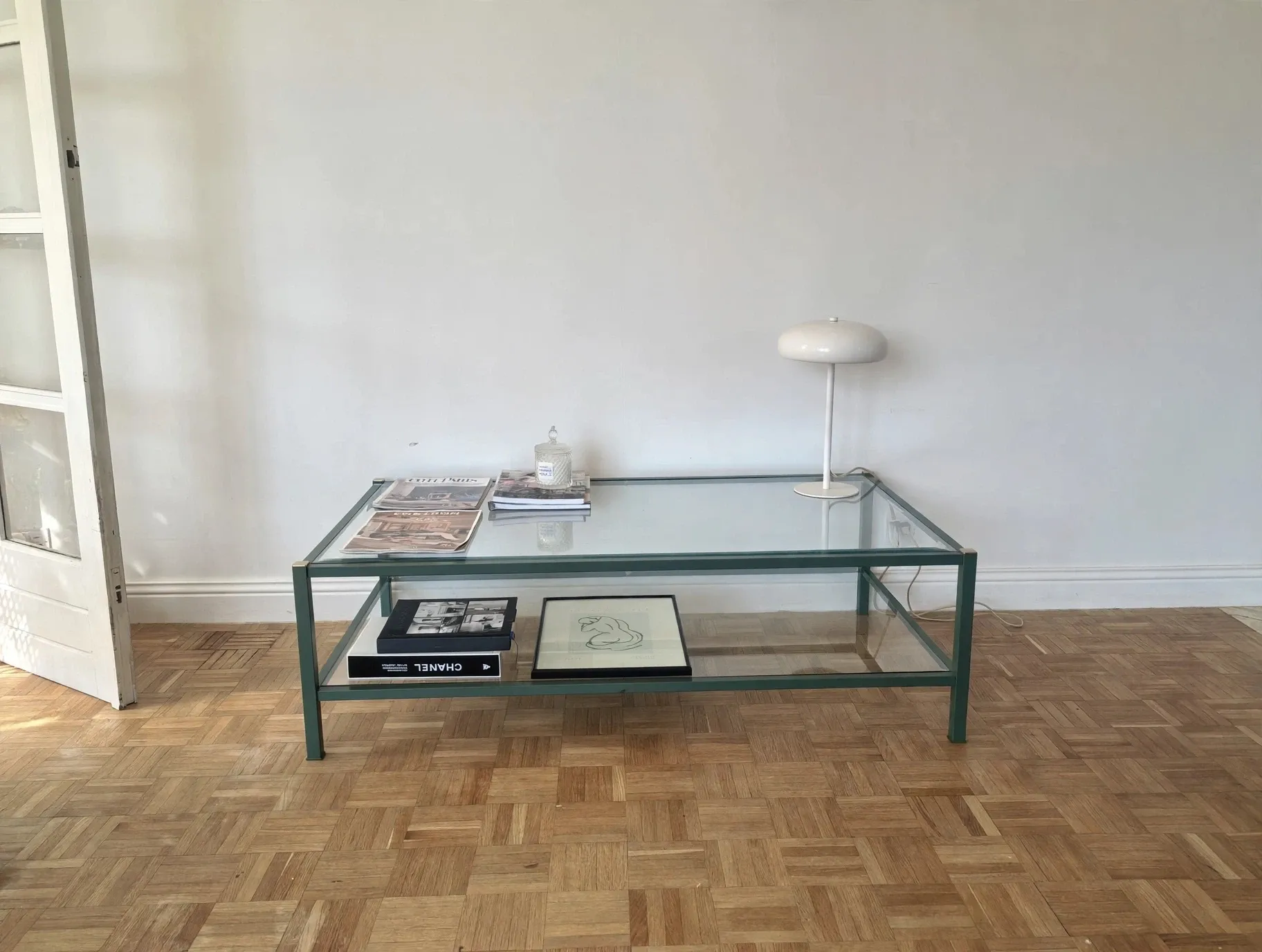 Vintage coffee table Pierre Vandel forest green & gold 70's