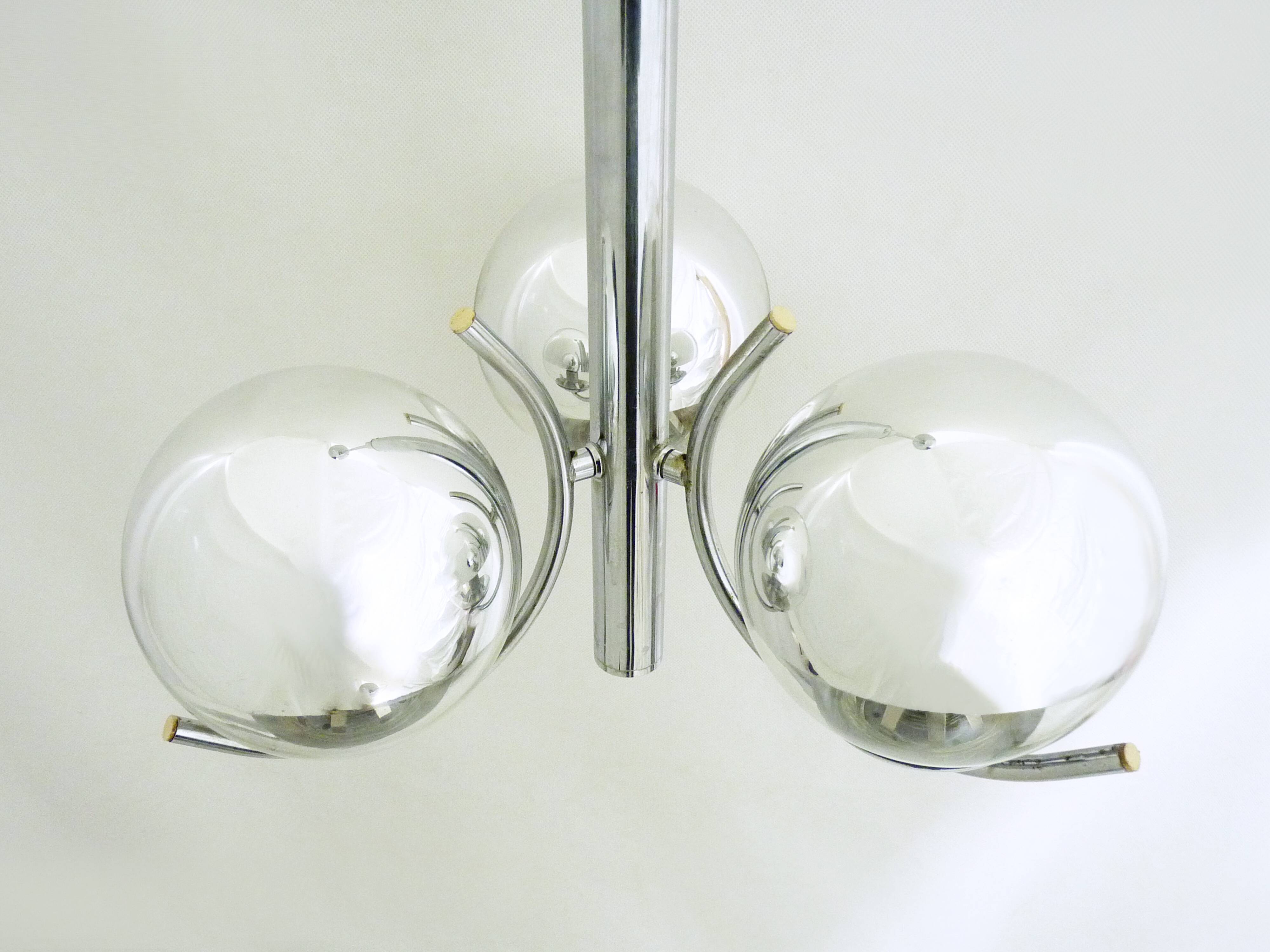 Old 3-branched chandelier in chrome metal and mirrored chrome globe, year 70