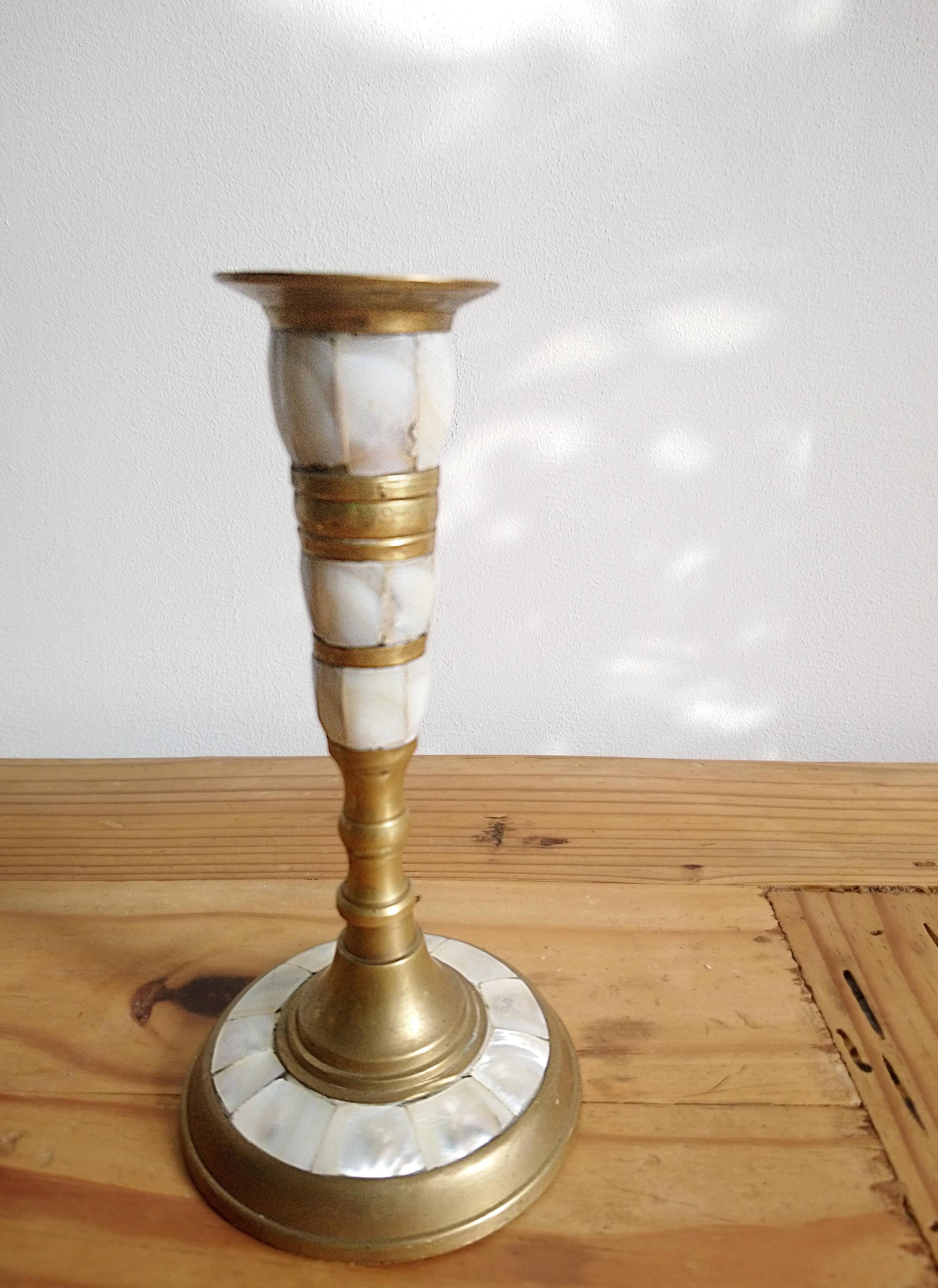 Brass and mother-of-pearl bougeoirs