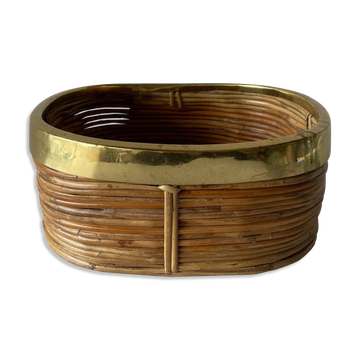 Rattan and brass basket in the style of Gabriella Crespi, 1960, Italy.