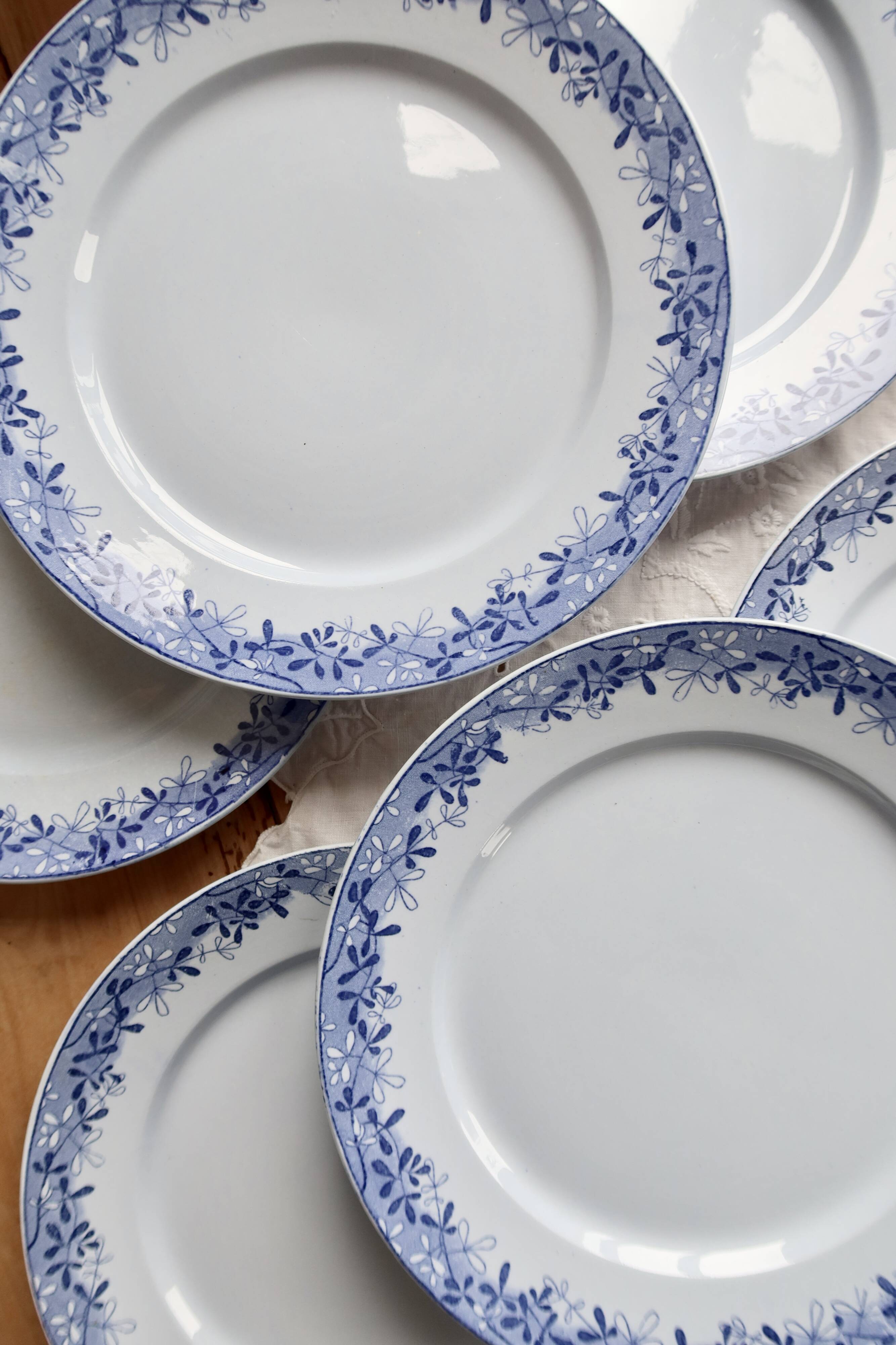 6 antique flat plates from Sarreguemines U&C in the Mimosa blue pattern.