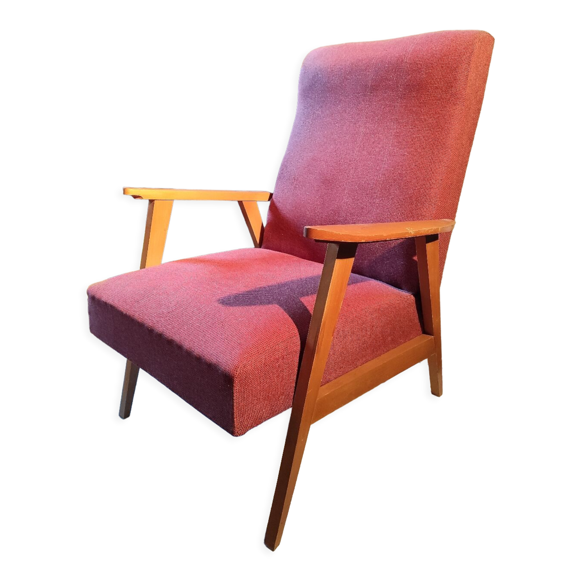 Vintage red armchair with compass feet in Scandinavian design