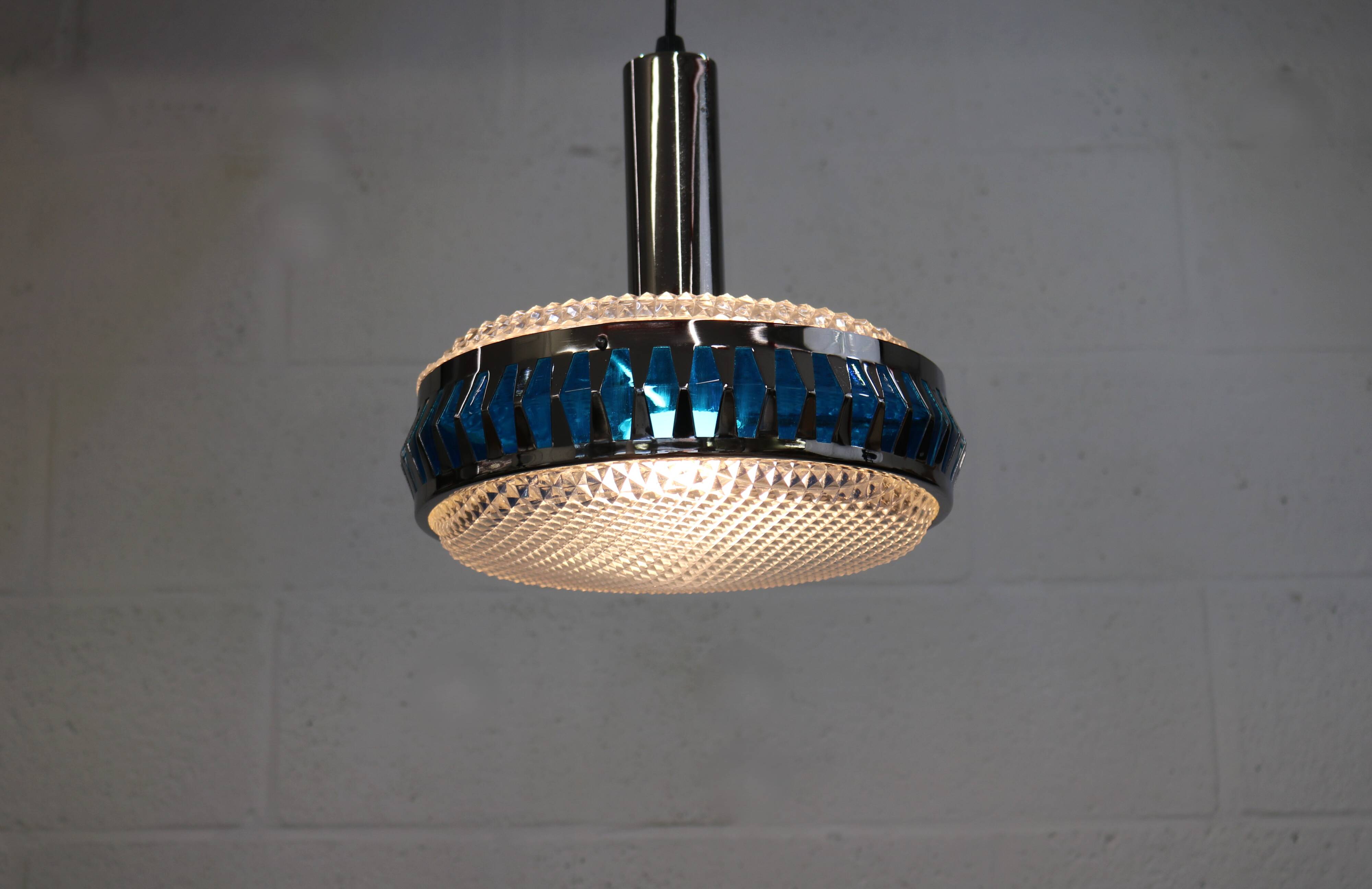 Vintage Chrome & Blue Pendant Lamp - 1970s Massive Belgium Lighting