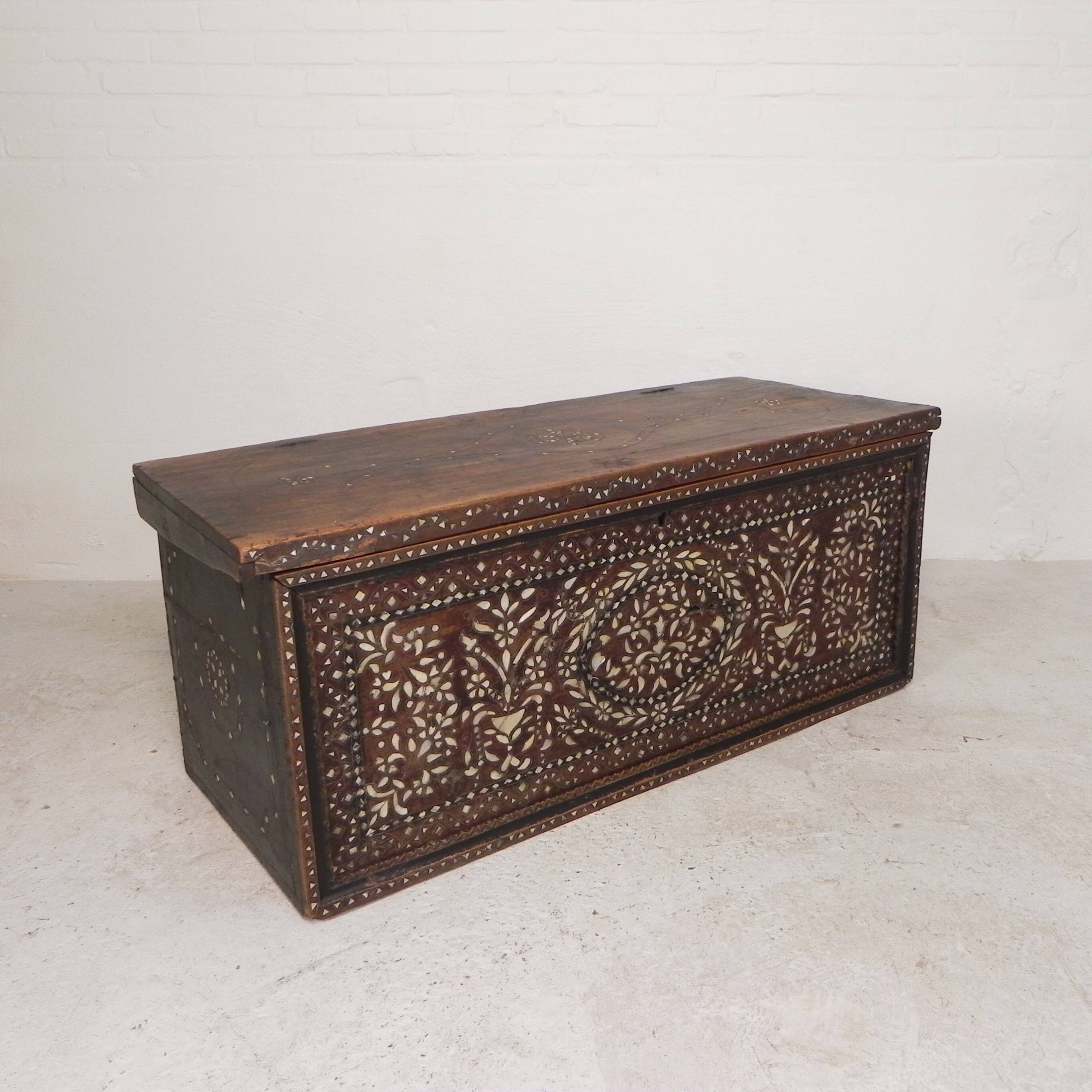 19th century Syrian wedding chest with mother of pearl inlay