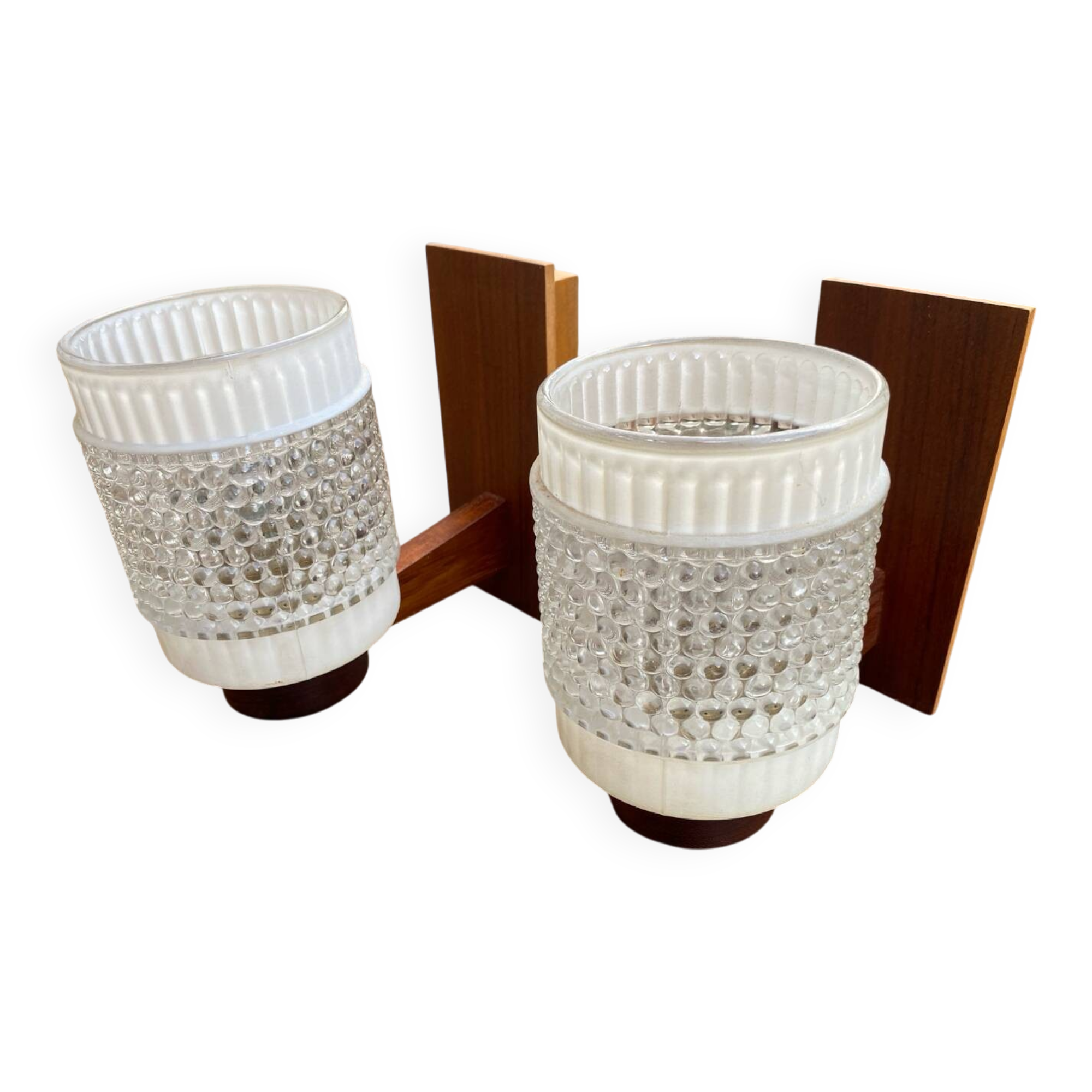 Pair of Scandinavian wall sconces in glass and teak, 1960s