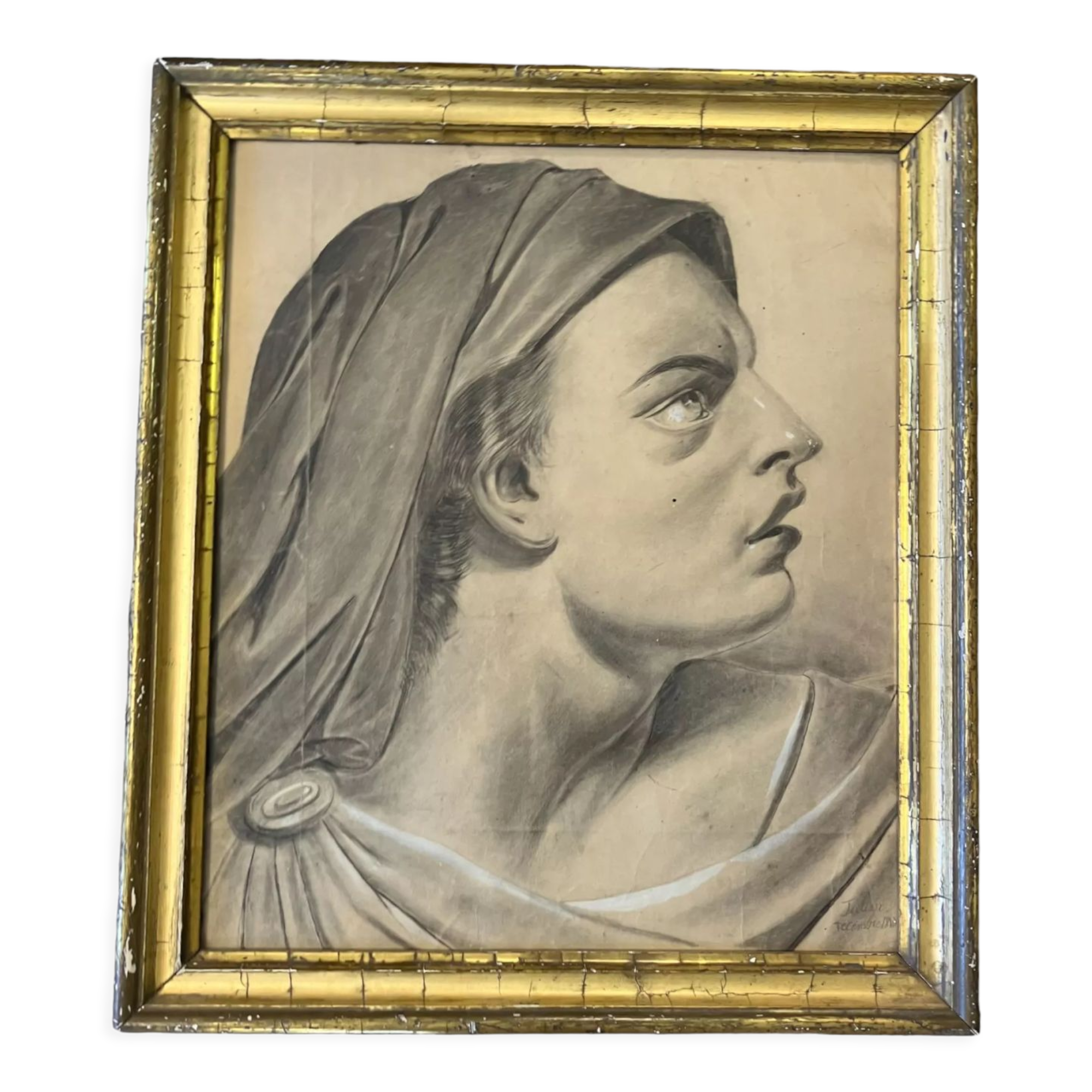Profile of woman with drapery drawing nineteenth signed julien