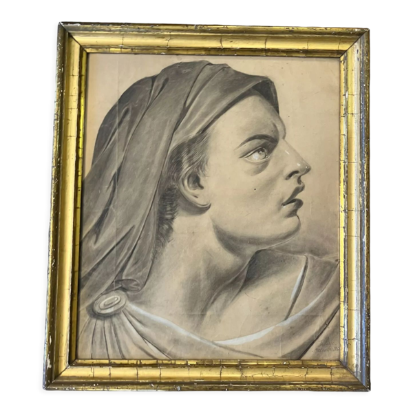 Profil de femme au drapé dessin xixeme signé julien