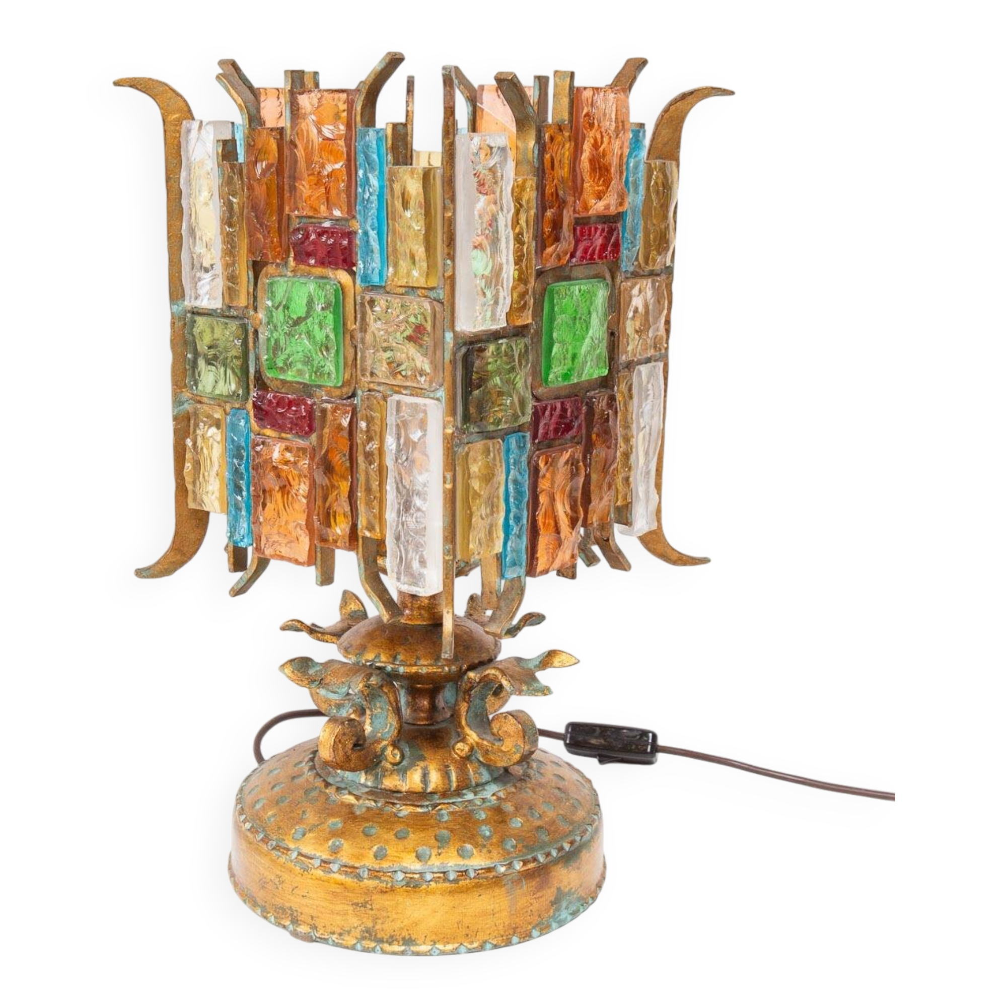 Lampe de table italienne fer forgé et verre de Murano par Longobard, 1908s