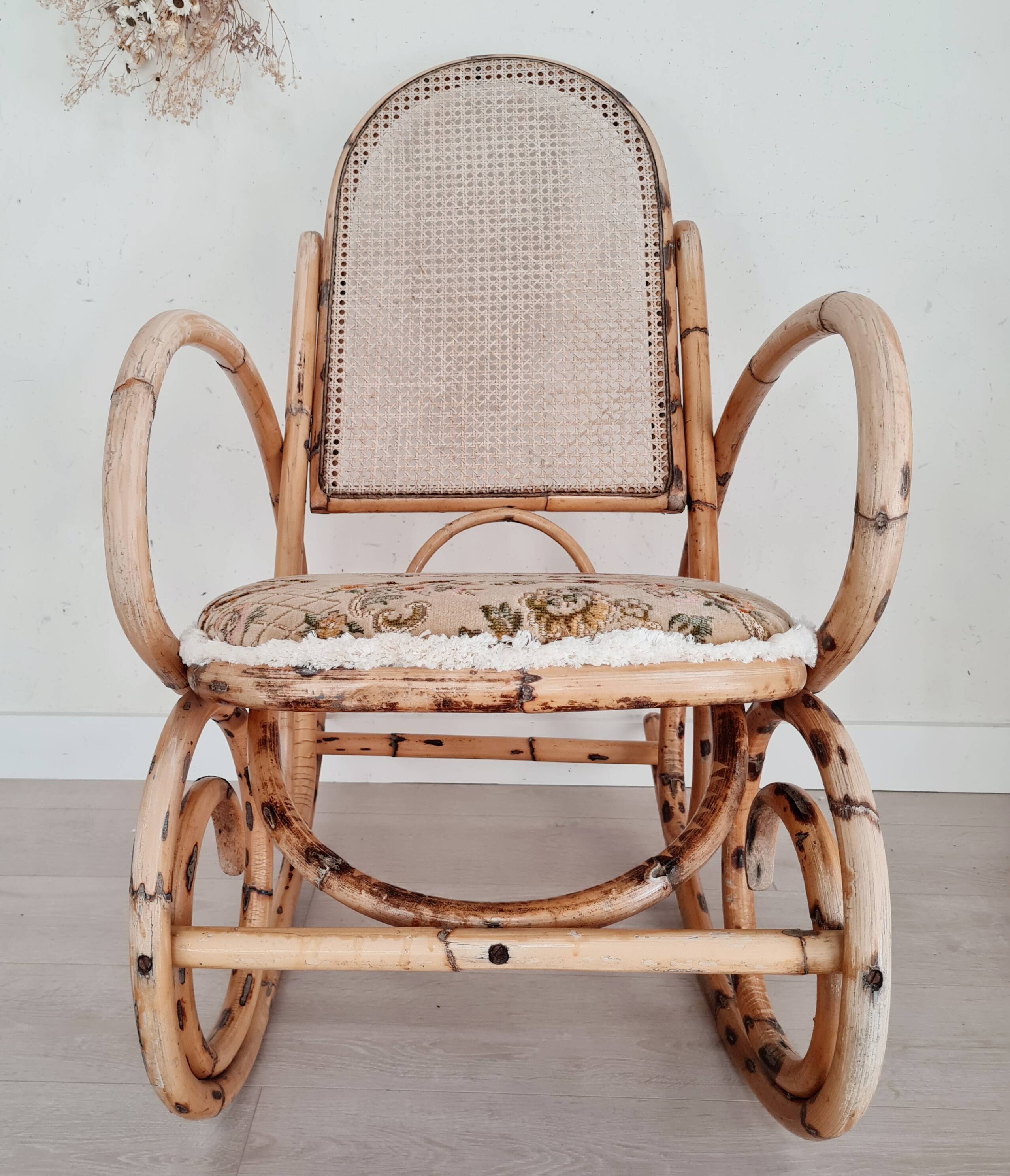 Cane rocking chair and upholstered seat
