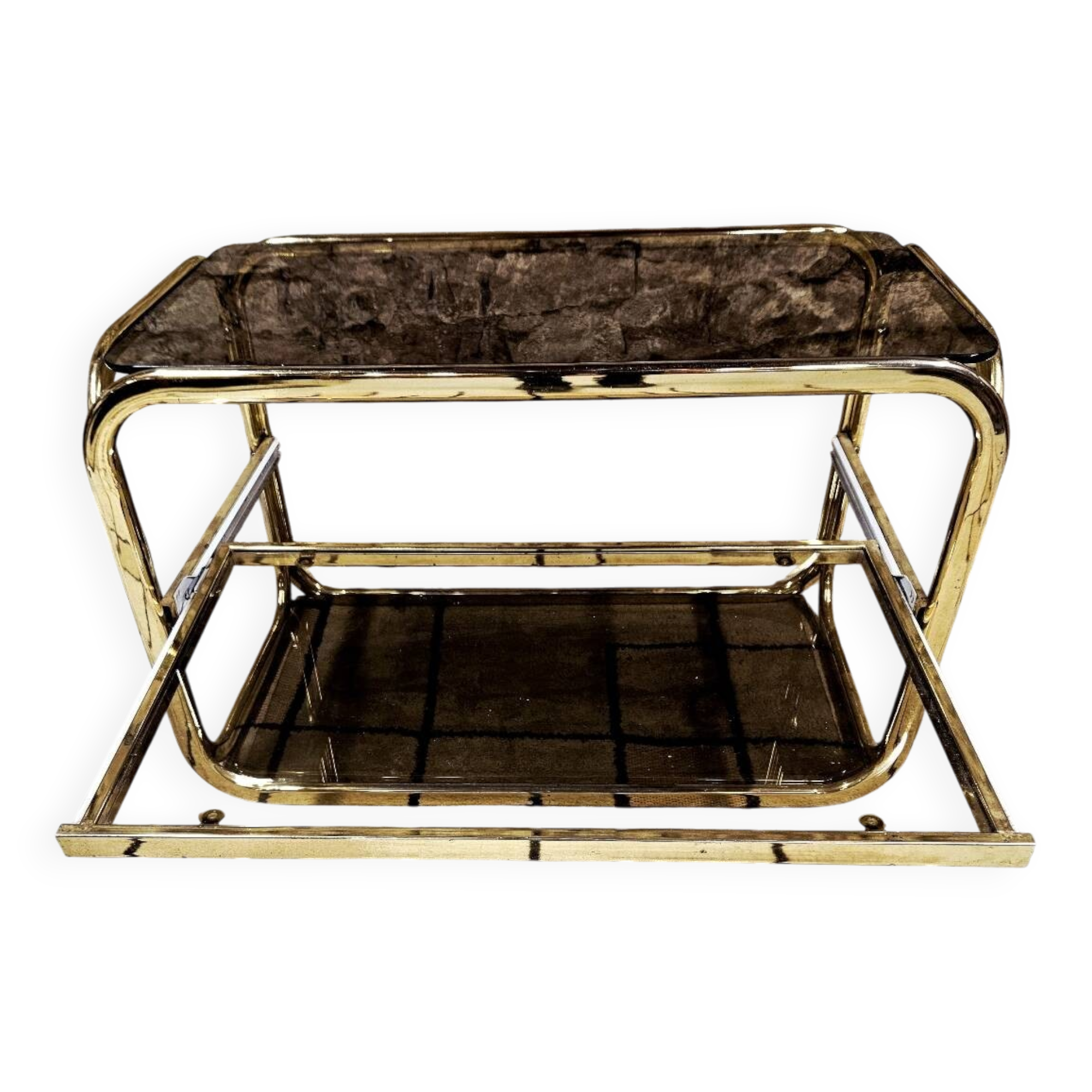 Brass coffee table with sliding top and smoked glass, 1970s vintage