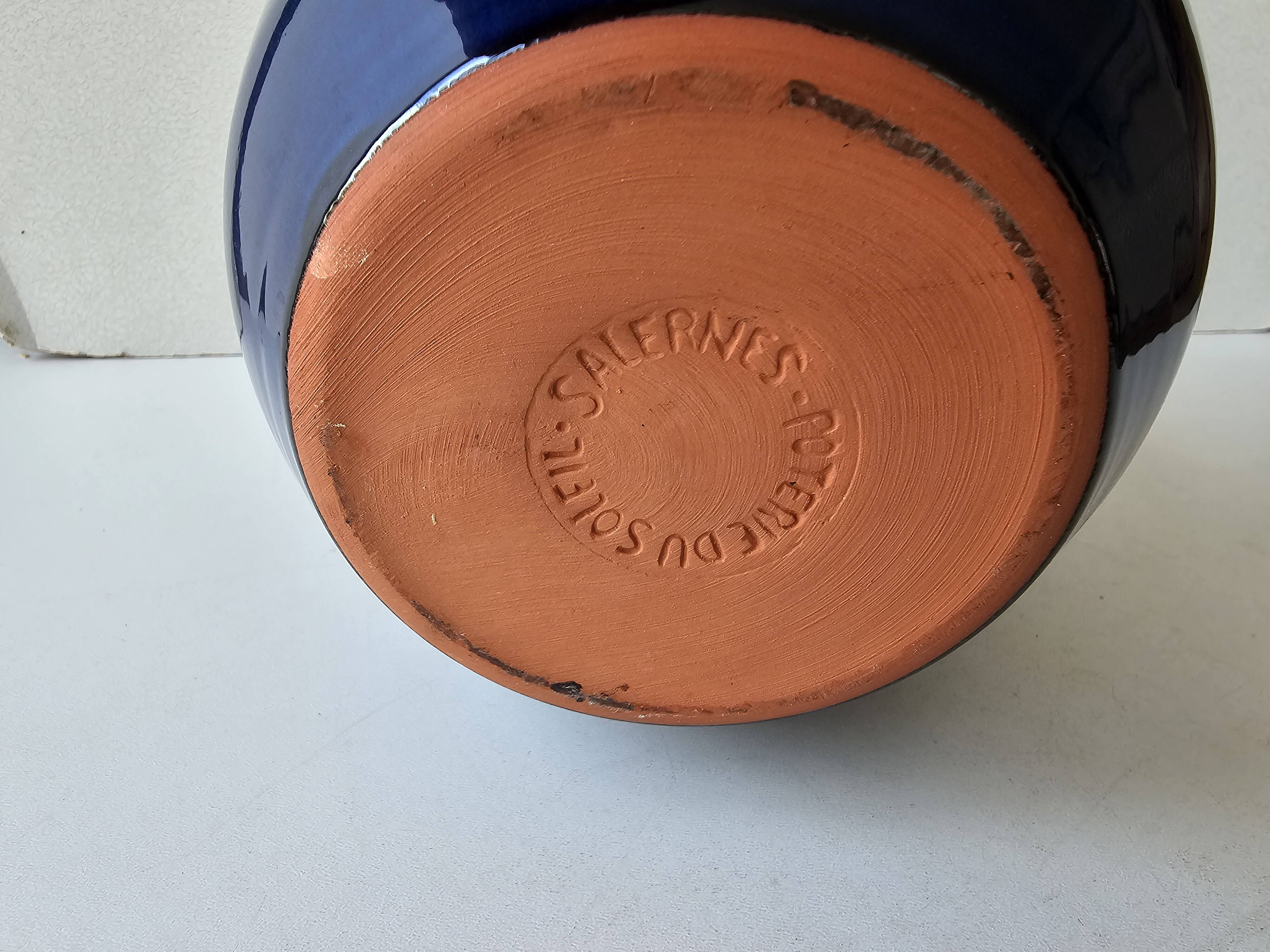 Blue ceramic stoneware vase signed Poterie du Soleil Salernes height 20cm