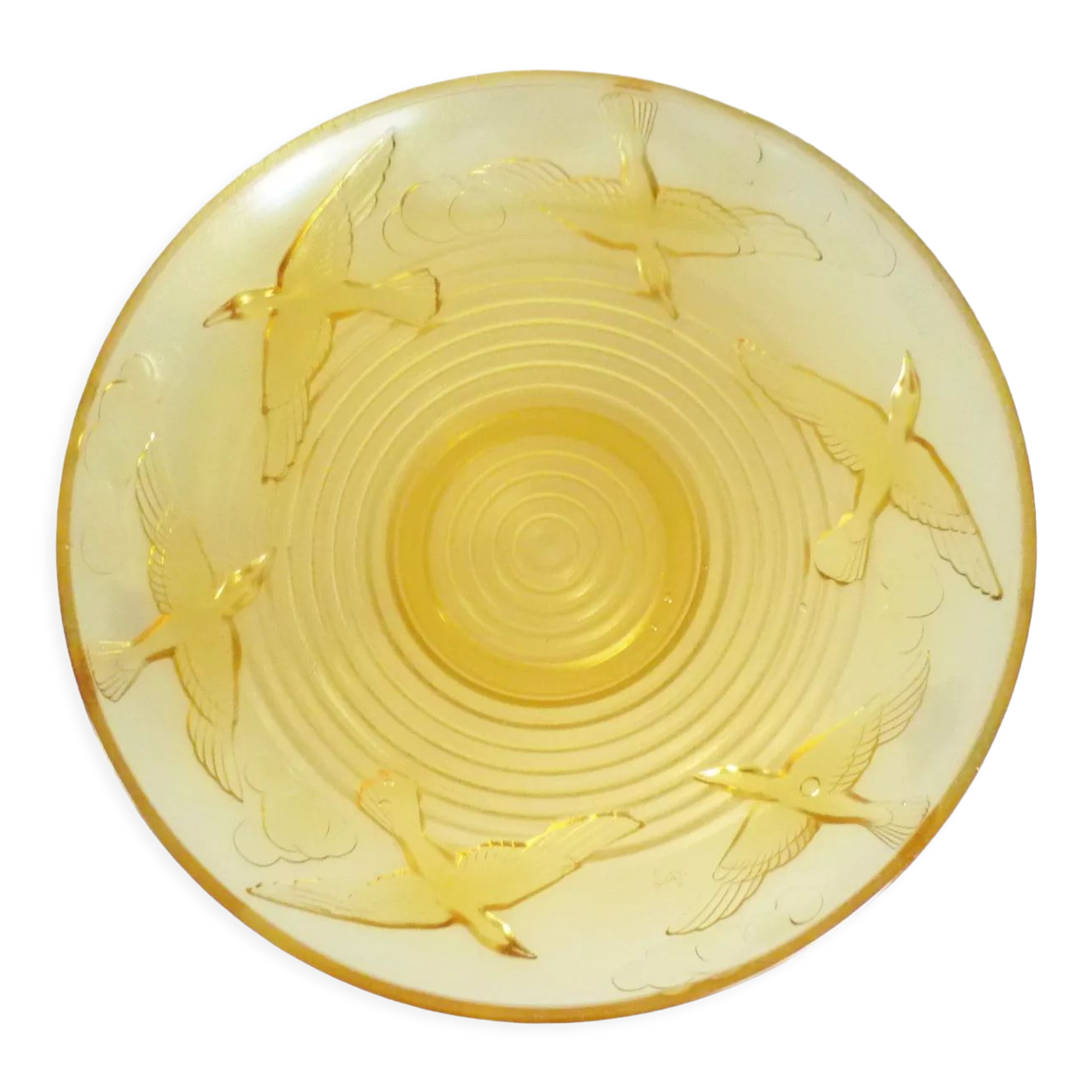 Cup, art deco centerpiece, 1930, pressed glass, molded, signed A.Miguel, albatross