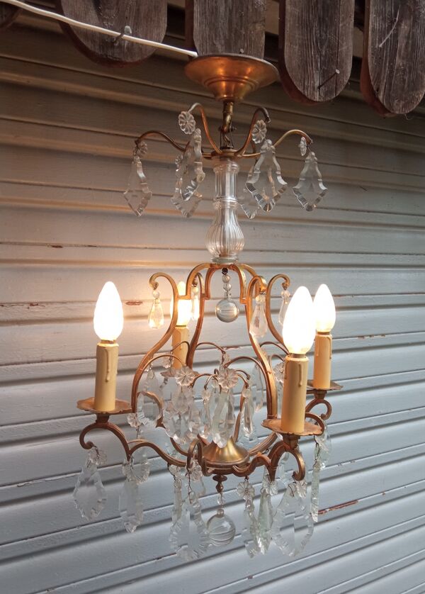 Lustre cage 4 feux à pampilles de cristal