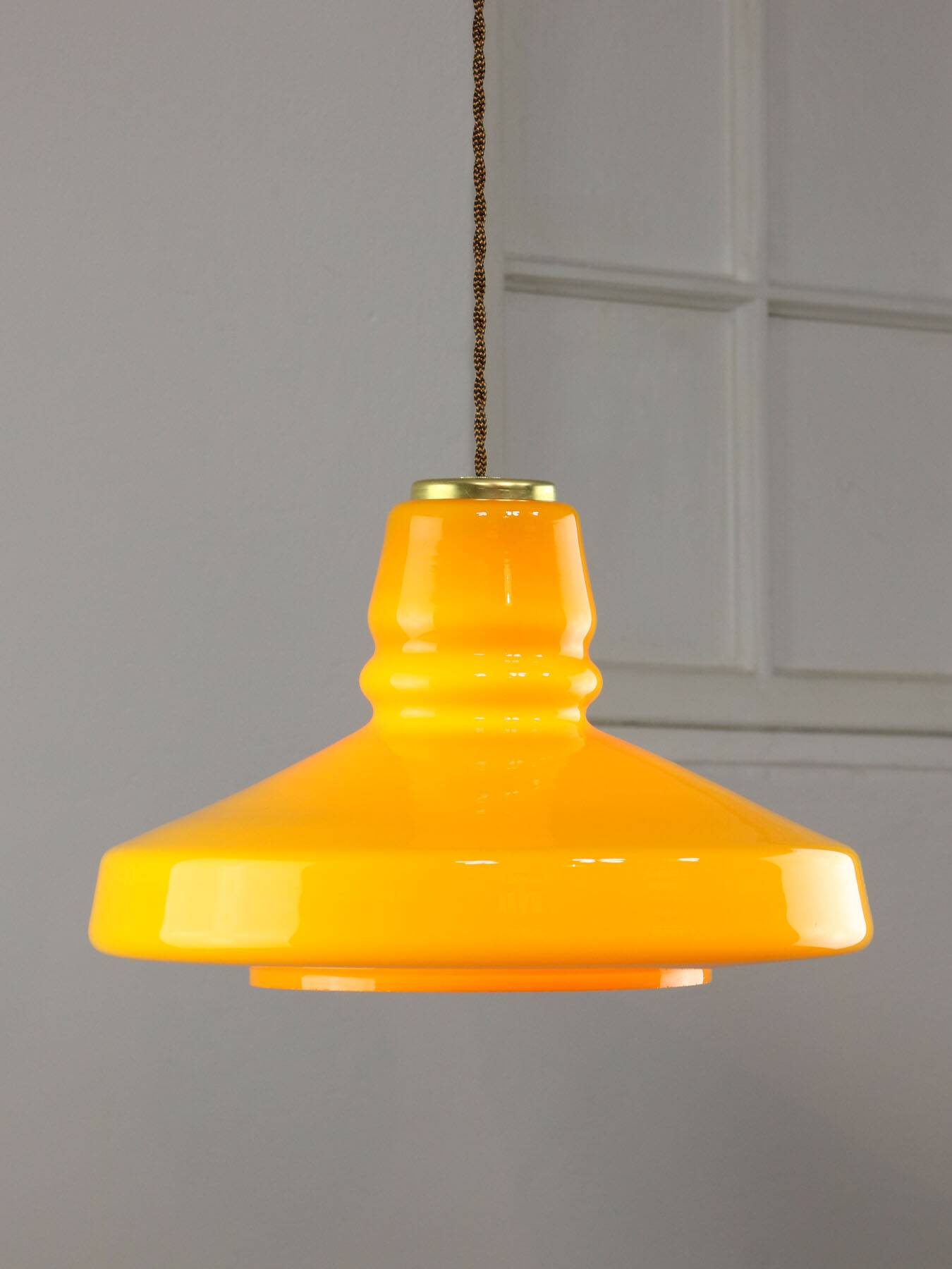 Mid-Century Italian Yellow Glass and Brass Pendant Lamp