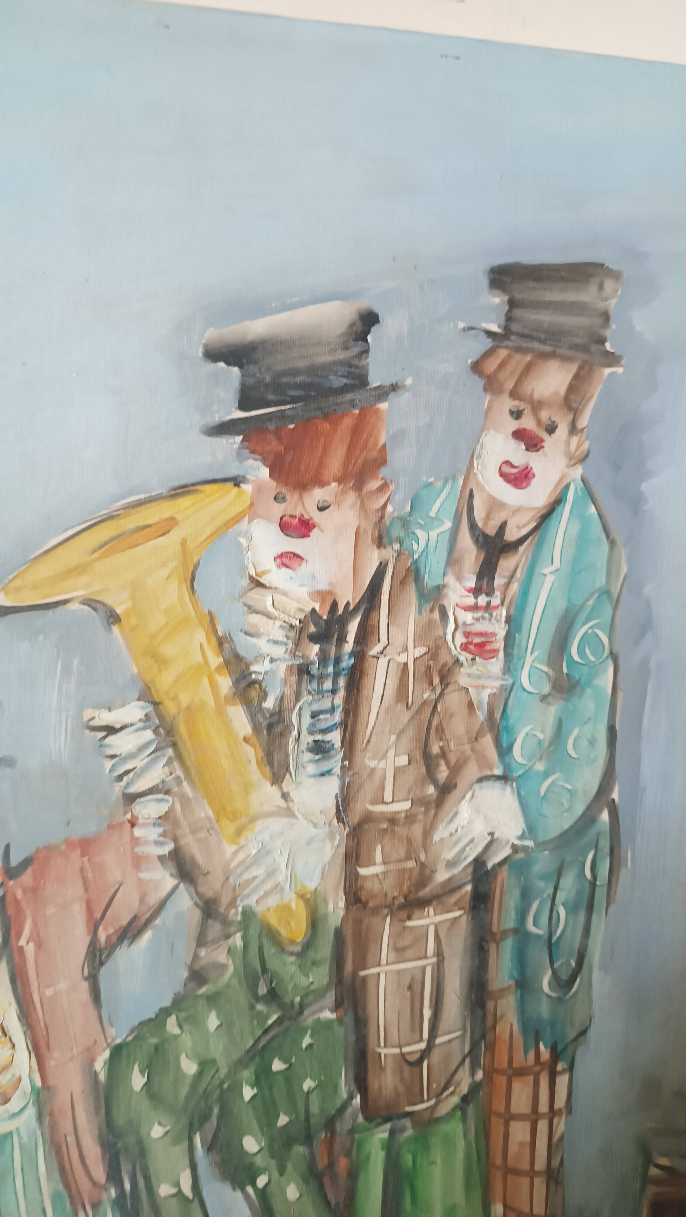 Peinture à l'huile sur toile nando da pistoia, clowns des années 60
